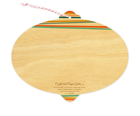 Back of Happy Stripes wood holiday ornament card, which is die-cut in the shape of a bulb. Features a few corresponding stripes at the top and room for a handwritten message. Along the bottom is the company logo and text that reads "eco-friendly sustainably harvested wood - made in the usa - birmingham, owlabama - nightowlpapergoods.com"