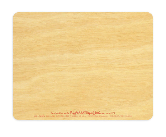Back of Denim Dad wood Father's Day card, which is predominantly blank for a handwritten personal greeting.  The company logo and text that reads "eco-friendly sustainably harvested wood - made in the usa - birmingham, owlabama - nightowlpapergoods.com" runs along the bottom.