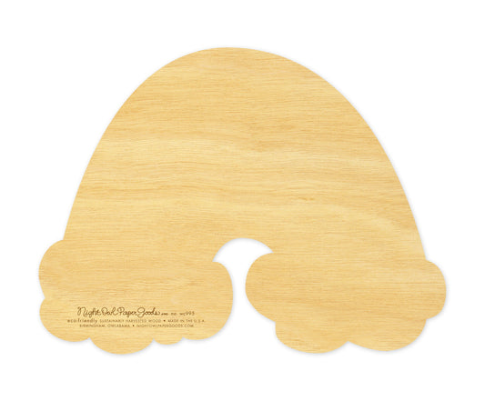 Back of Love Rainbow wood card, which is die-cut in the shape of a rainbow and blank for a handwritten greeting. Company logo and text that reads "eco-friendly sustainably harvested wood - made in the usa - birmingham, owlabama - nightowlpapergoods.com" appears very small on the lower left side.
