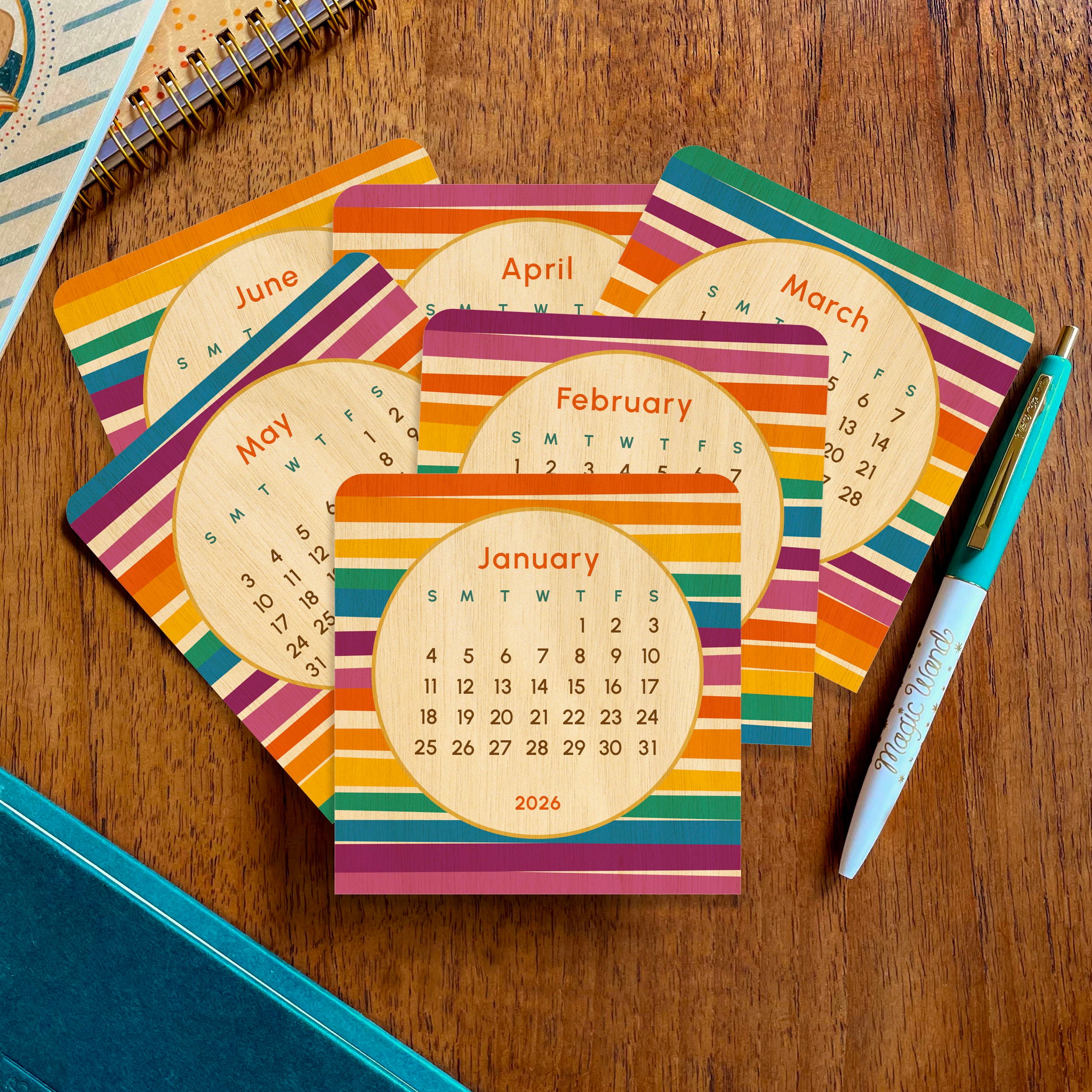 2026 Rainbow Stripes 12-Month Mini Wood Desk Calendar
