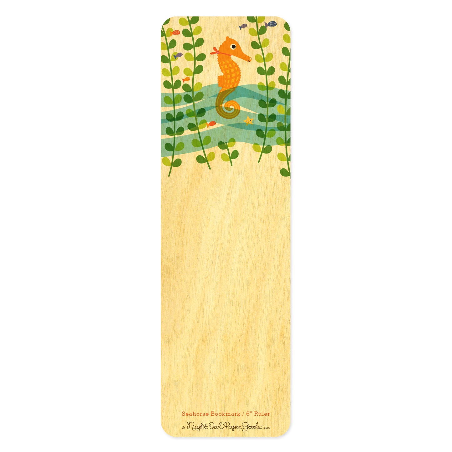 Wooden bookmark with orange seahorse and sea kelp with fish