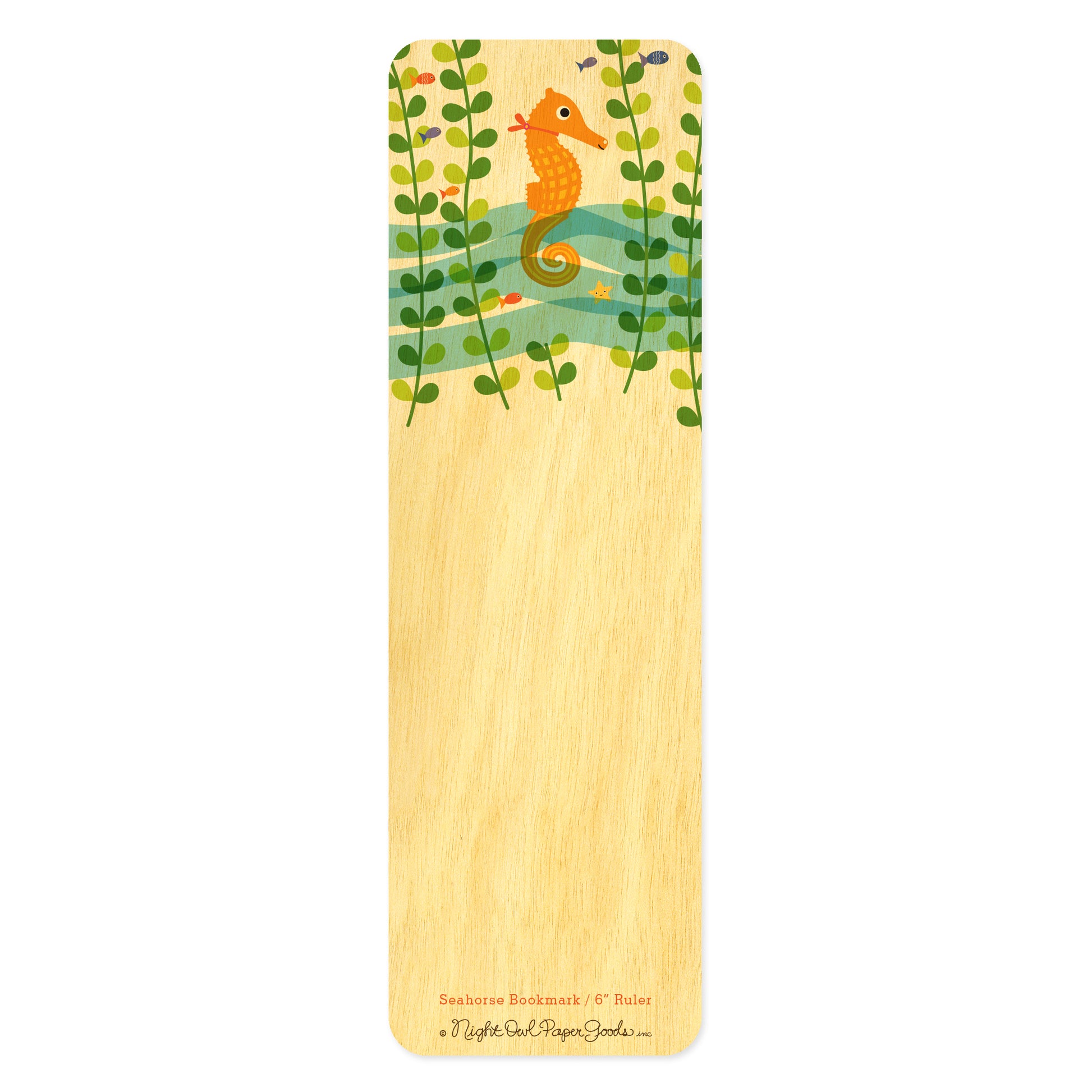 Wooden bookmark with orange seahorse and sea kelp with fish