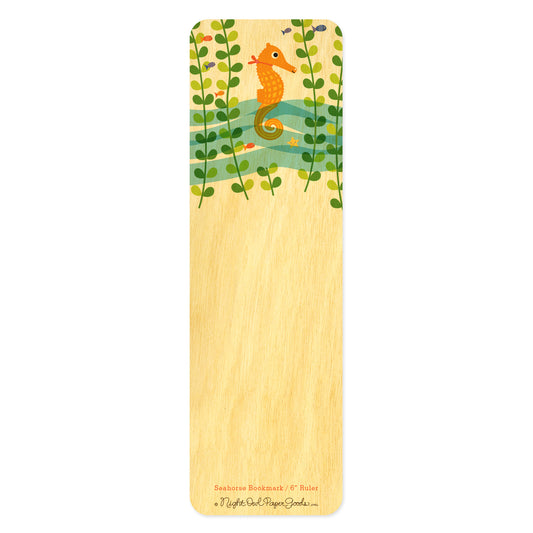 Wooden bookmark with orange seahorse and sea kelp with fish
