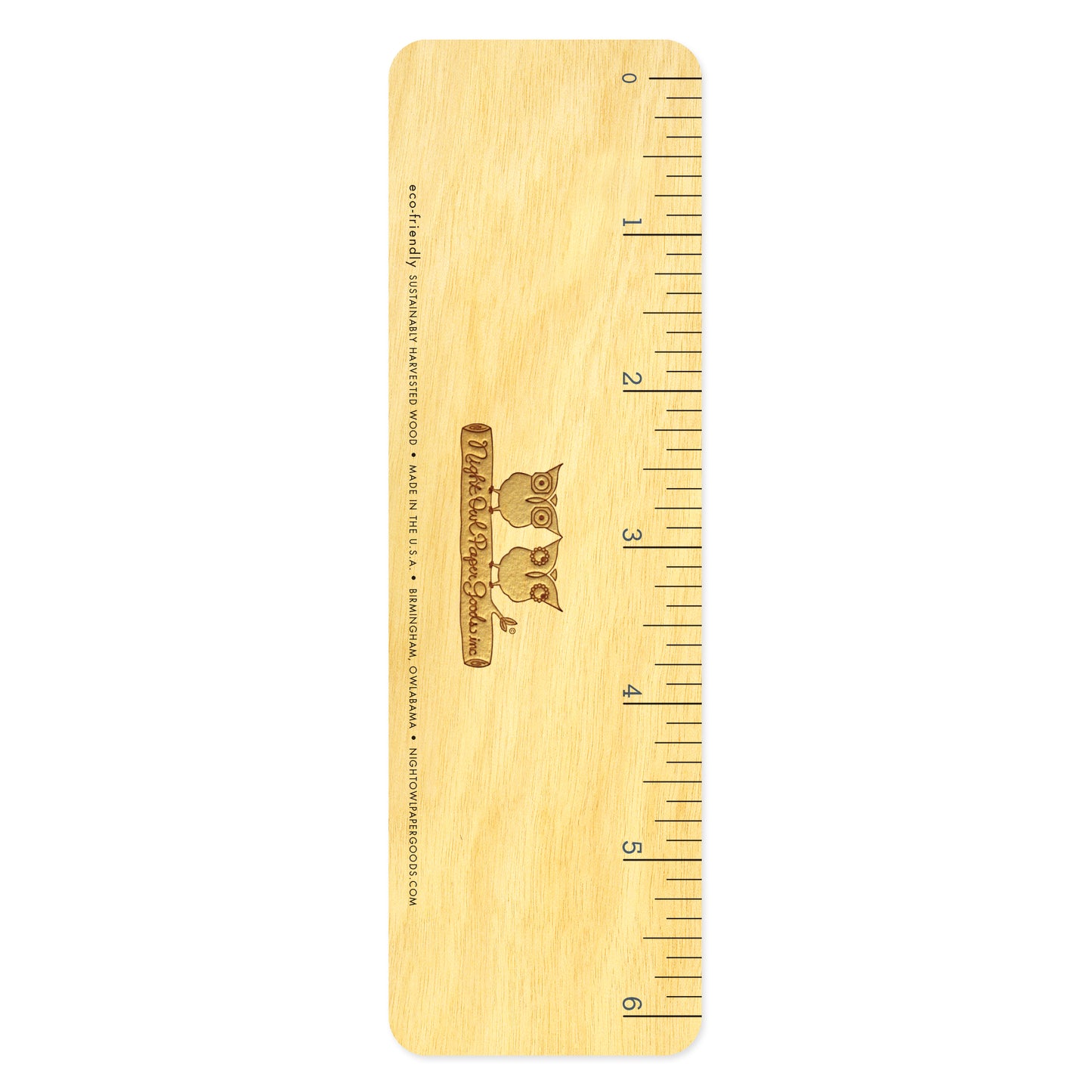 Back of wooden octopus bookmark with ruler measurement markings.