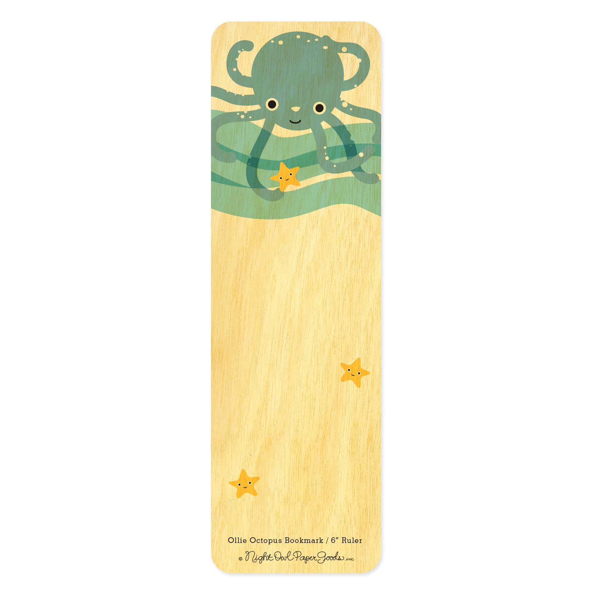 Wooden bookmark with a blue octopus and yellow star fish