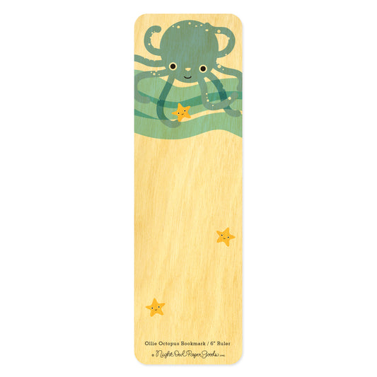 Wooden bookmark with a blue octopus and yellow star fish