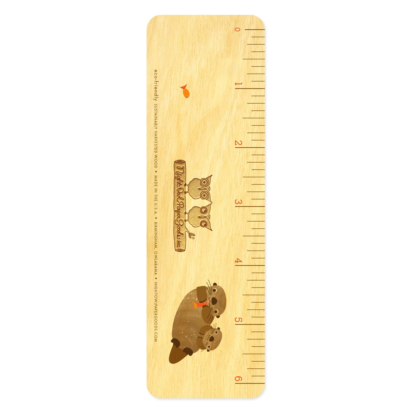 Back side of wooden otter bookmark features 6 inch ruler measurements