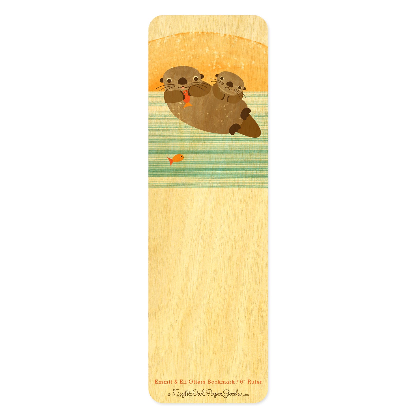 Wood bookmark with two cute otters with sun in background and striped blue water