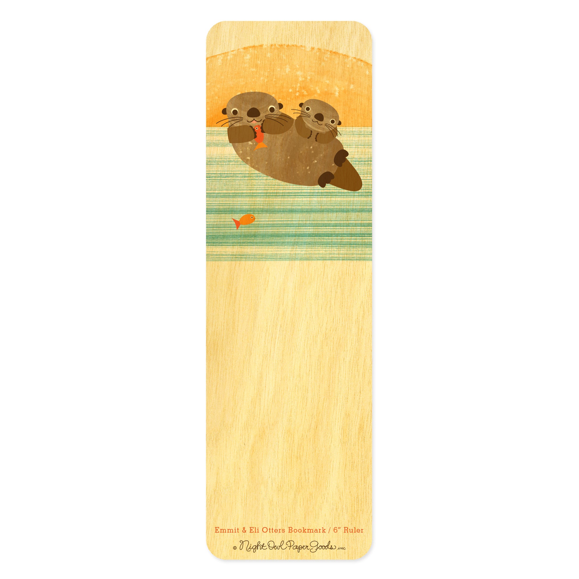 Wood bookmark with two cute otters with sun in background and striped blue water