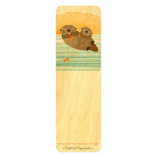 Wood bookmark with two cute otters with sun in background and striped blue water