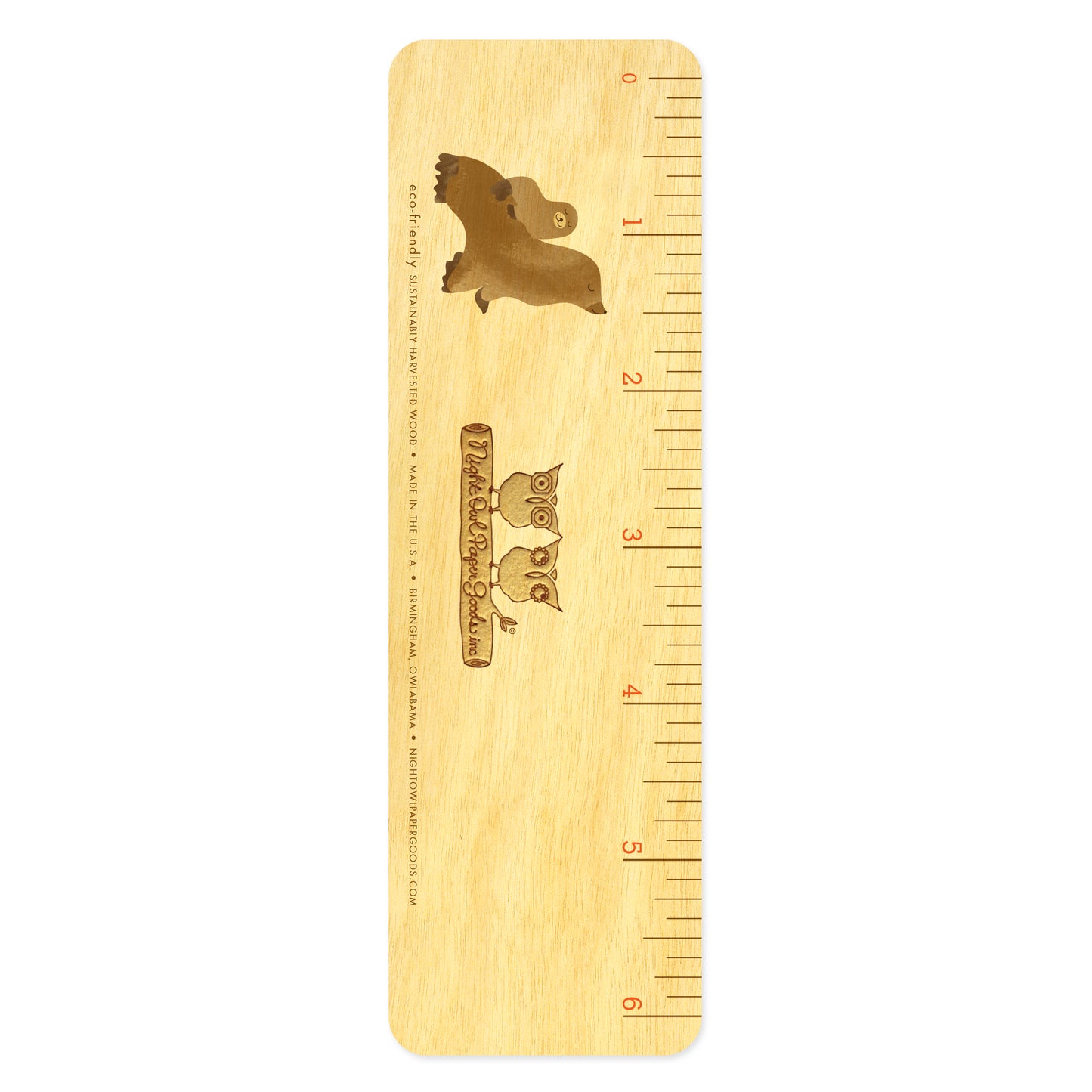 Back side of wooden sea lions bookmark features 6 inch ruler measurements