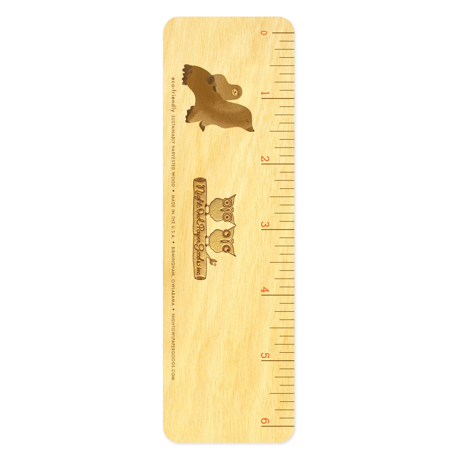 Back side of wooden sea lions bookmark features 6 inch ruler measurements