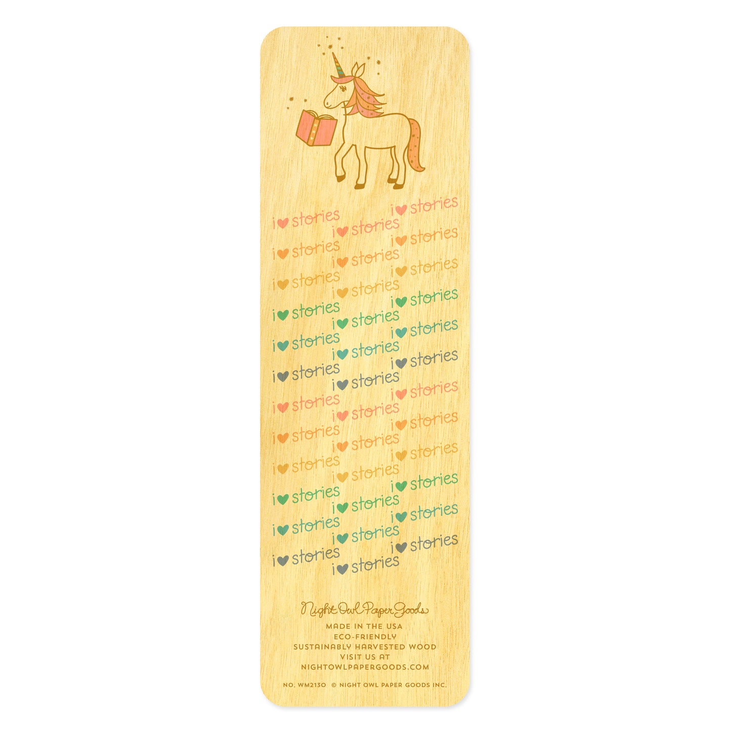 Back side of wooden bookmark with unicorn illustration and 'i heart stories' text 