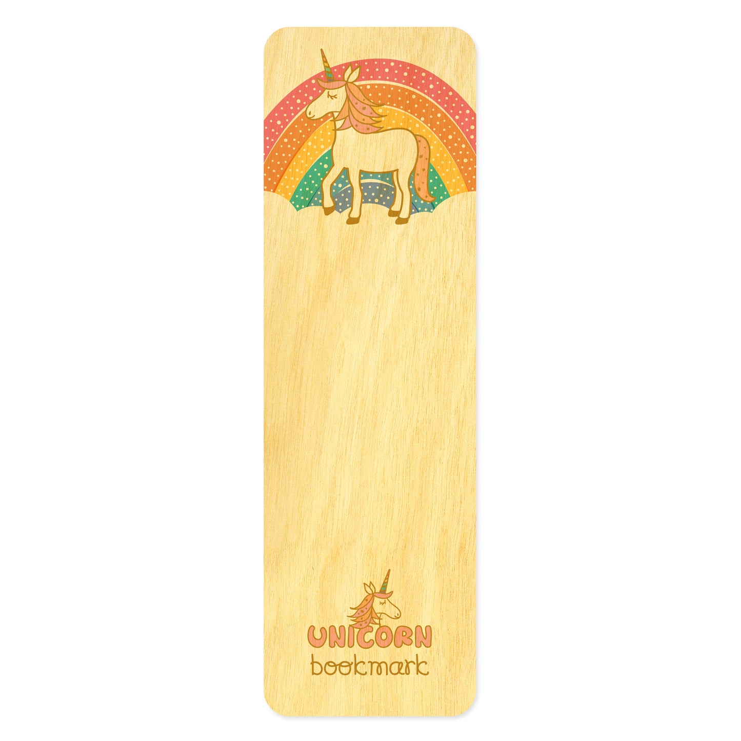 Wooden bookmark with cute unicorn standing in front of a pastel color rainbow. Text at bottom reads 'Unicorn bookmark'