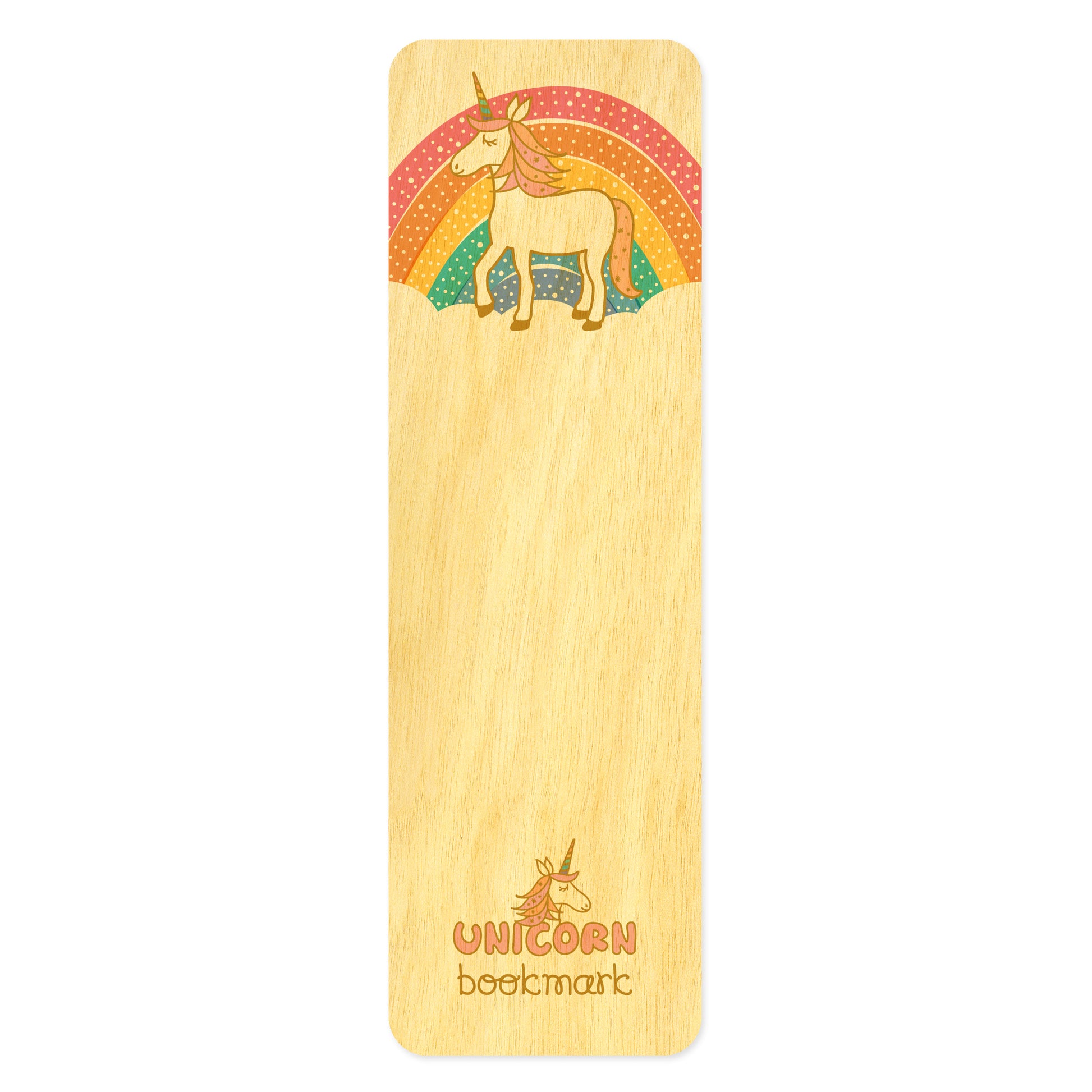 Wooden bookmark with cute unicorn standing in front of a pastel color rainbow. Text at bottom reads 'Unicorn bookmark'
