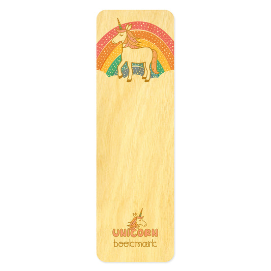 Wooden bookmark with cute unicorn standing in front of a pastel color rainbow. Text at bottom reads 'Unicorn bookmark'