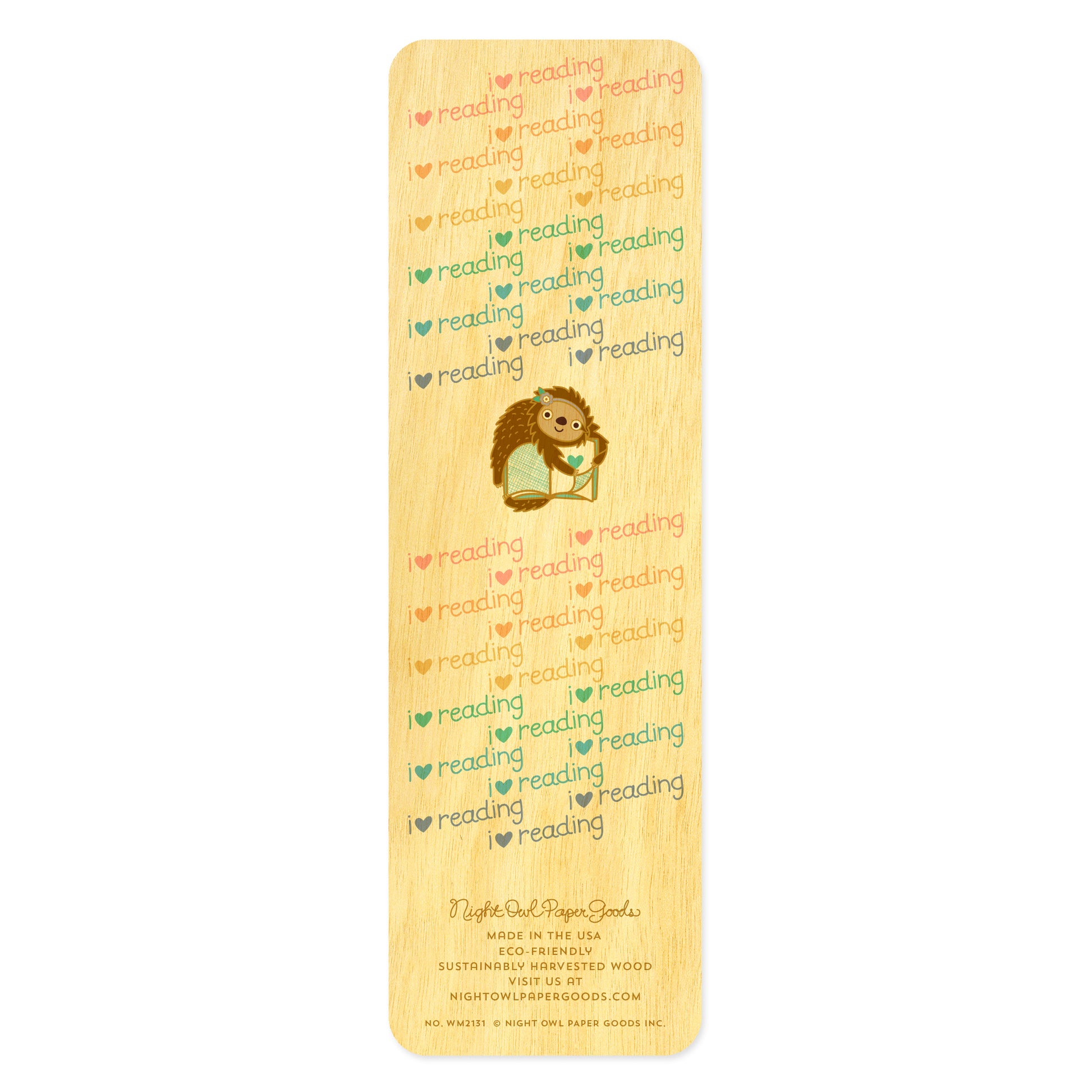 Back side of wooden bookmark features an illustration of a sloth hugging a book and pastel text pattern that reads 'i heart reading'
