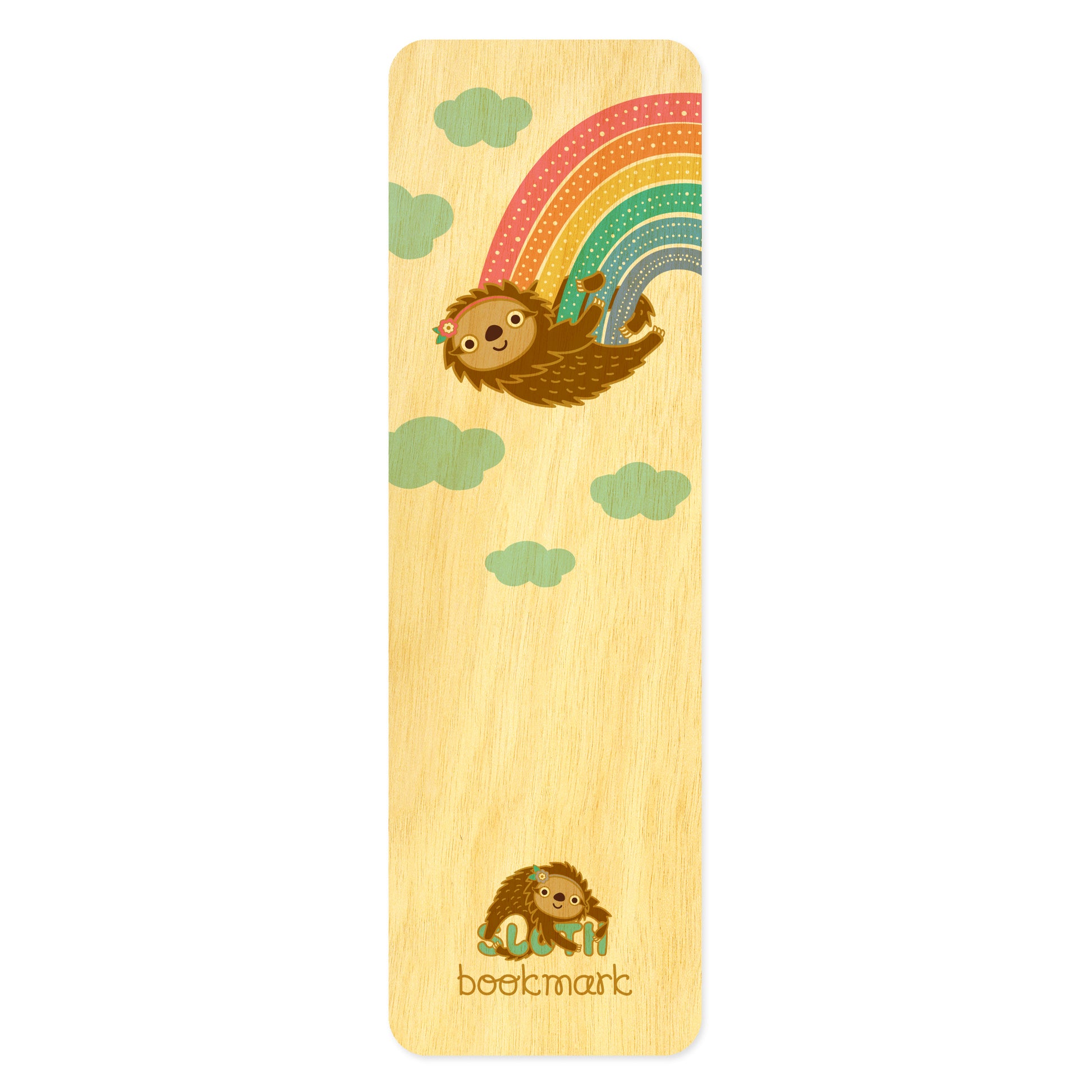 Wooden bookmark with a sloth and pastel rainbow design. Text at bottom reads 'Sloth bookmark'