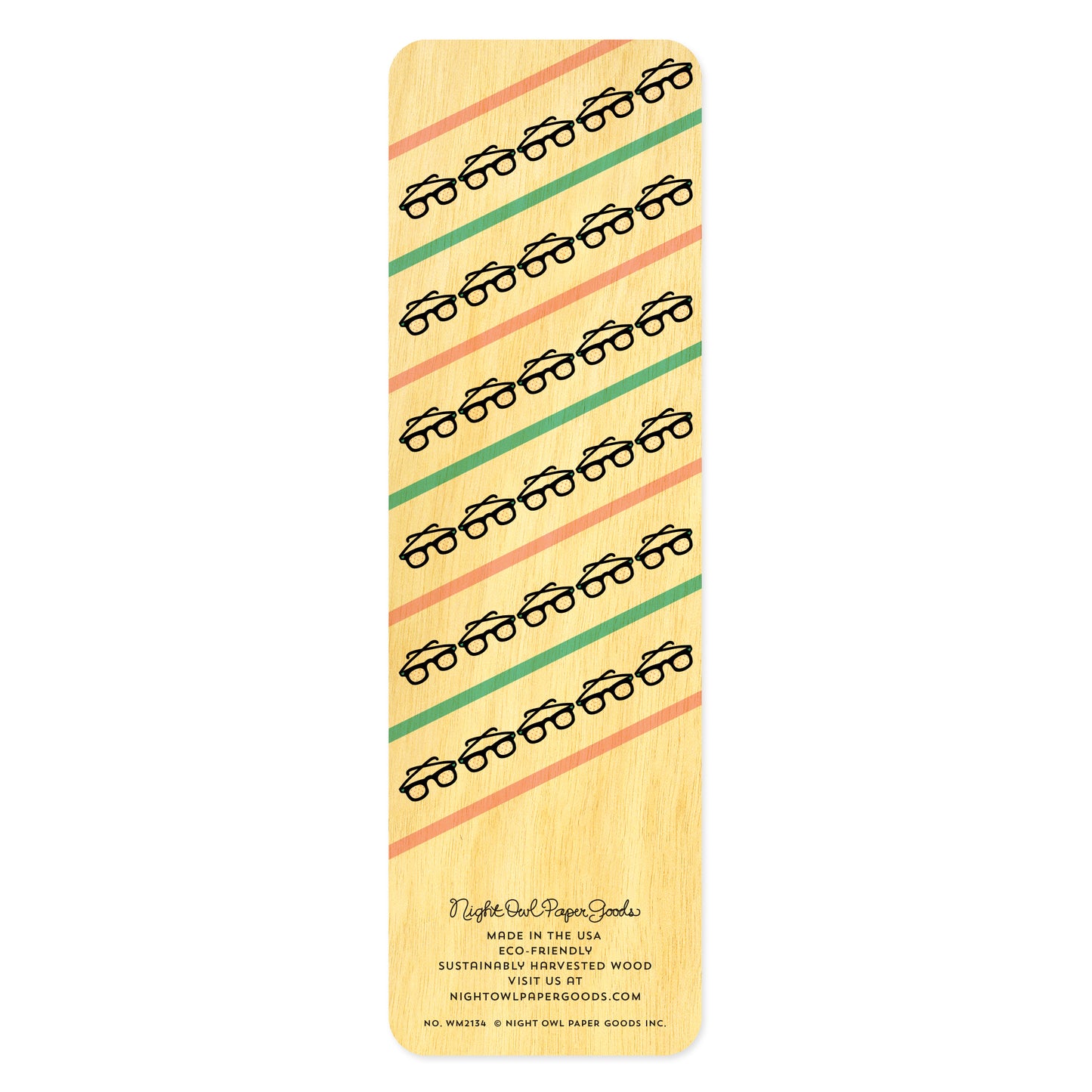 Back side of wooden bookmark with pink and aqua strips and pattern of black eyeglasses