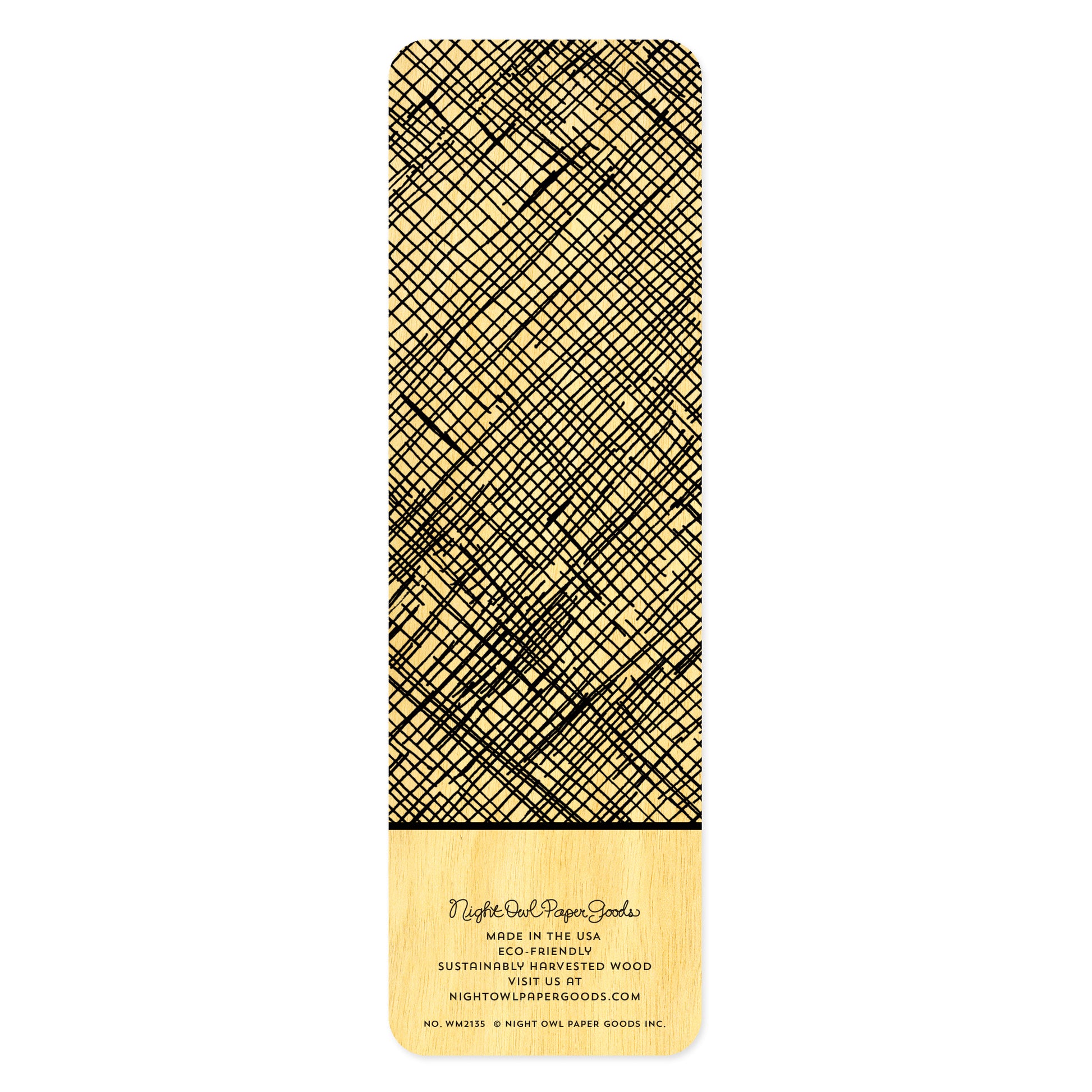 Back side of wood bookmark with black crosshatch pattern