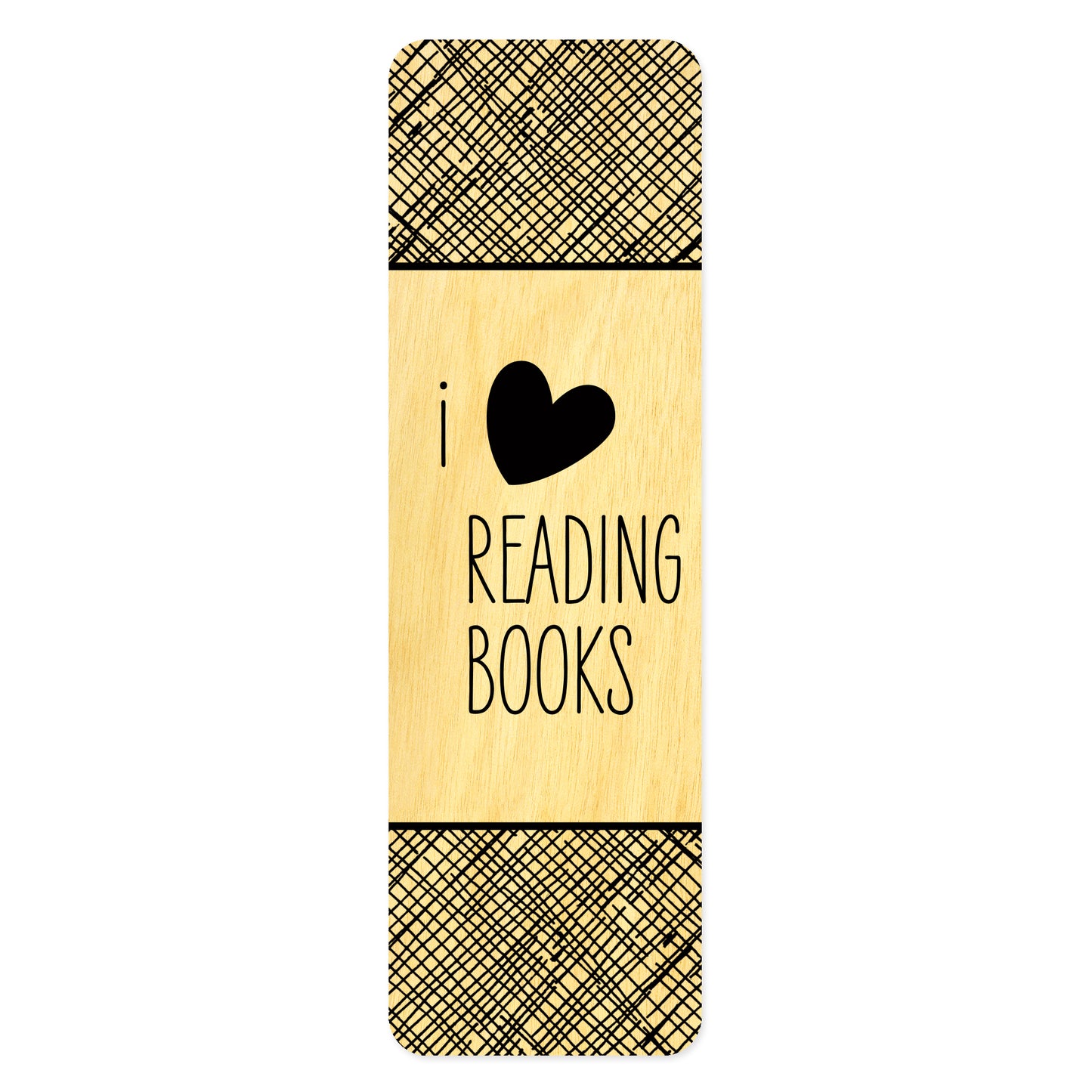 Wooden bookmark with black text and heart design that reads 'I heart reading books'