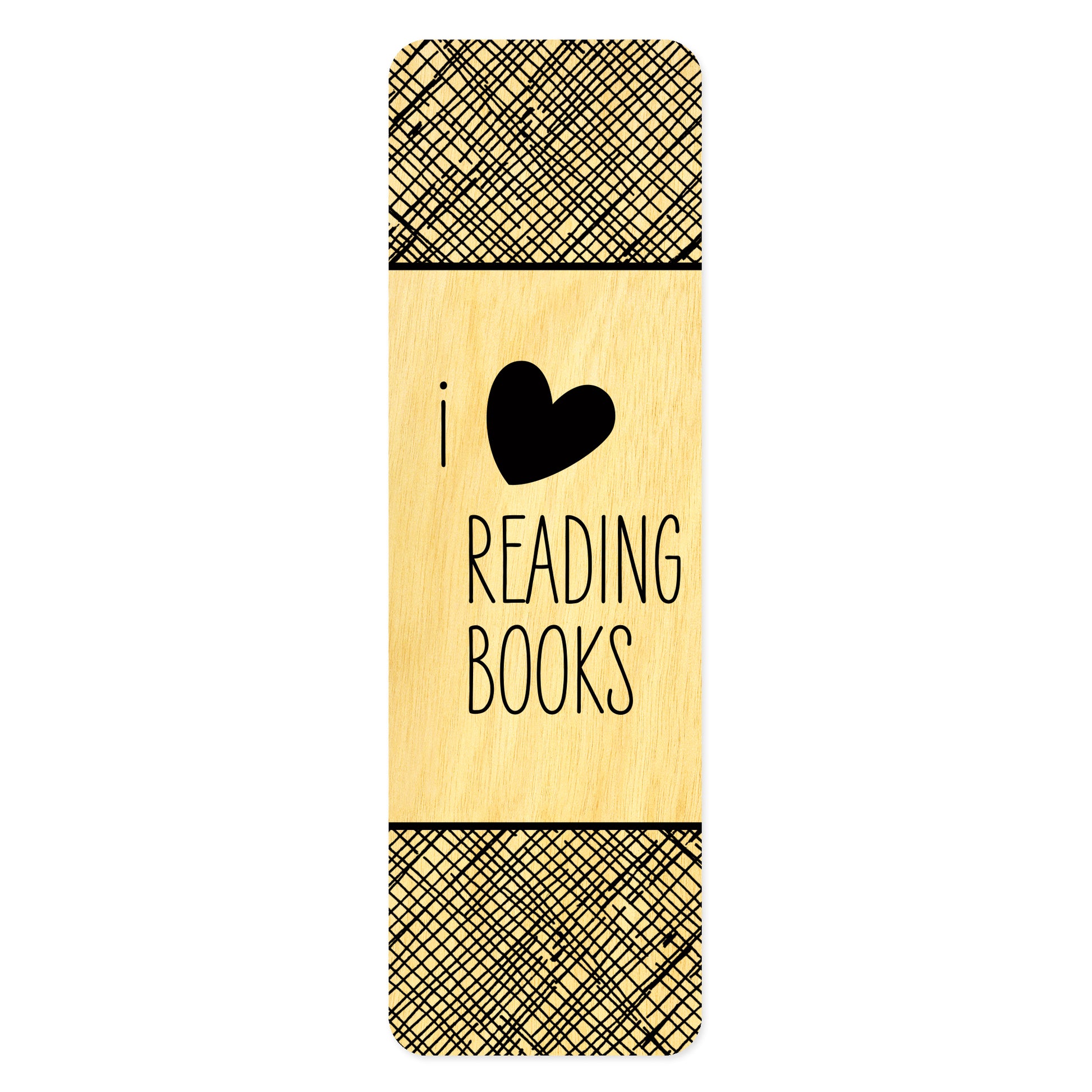 Wooden bookmark with black text and heart design that reads 'I heart reading books'