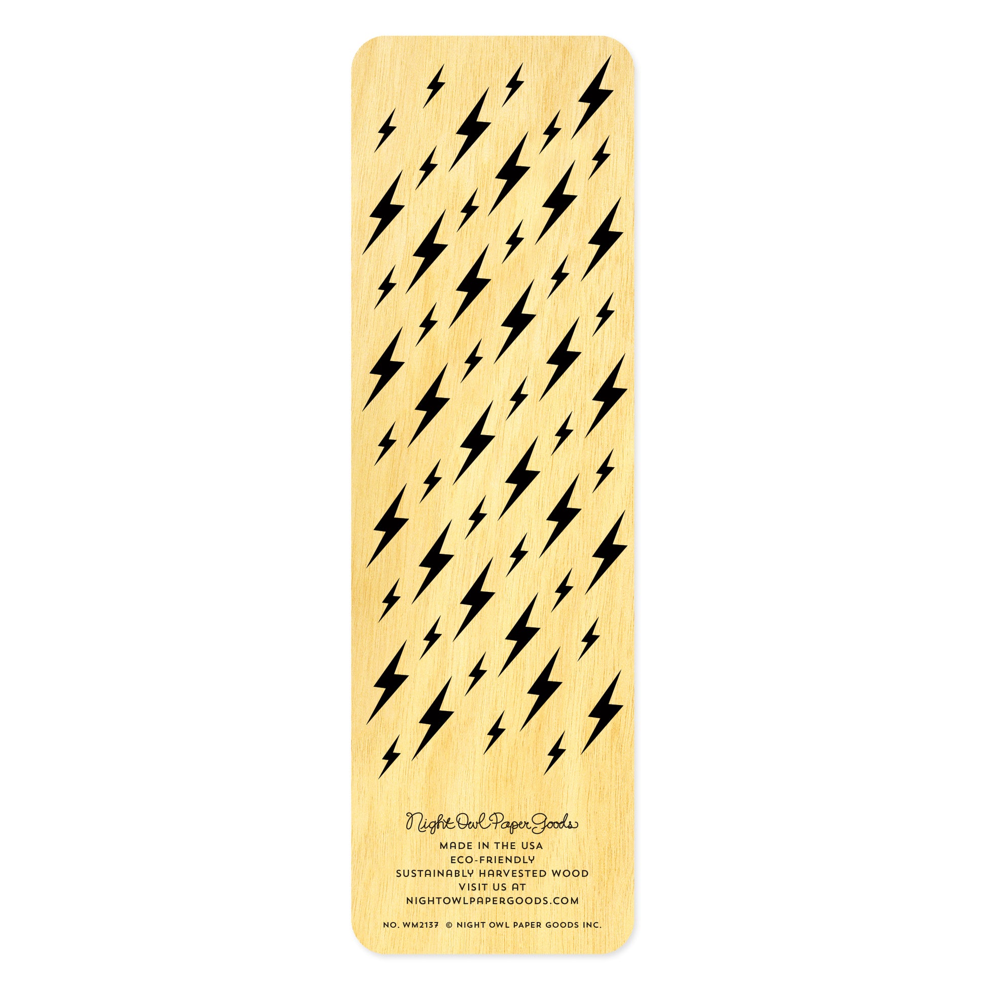Back side of wood bookmark with black lightning bolt pattern