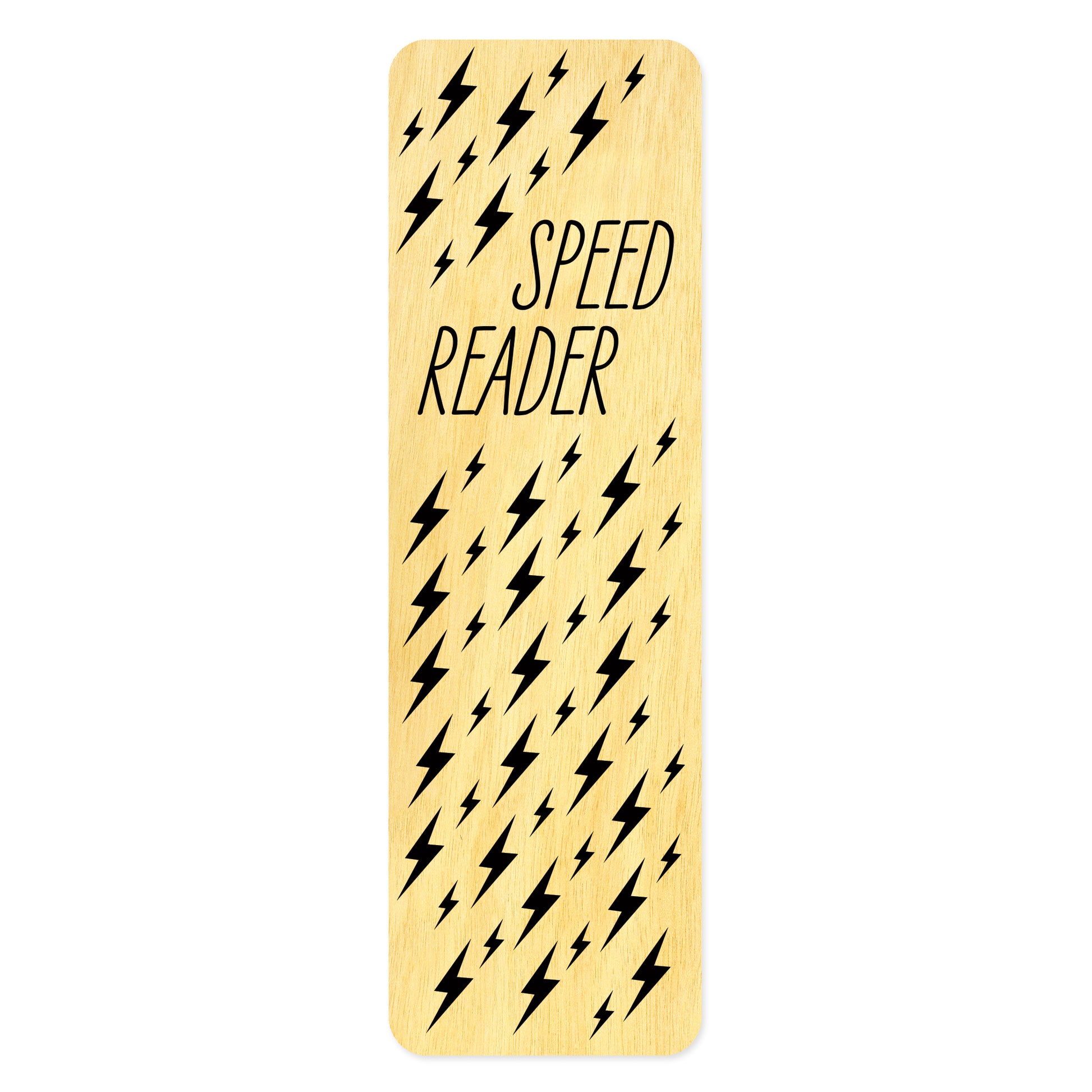 Wooden bookmark with black lightning bolt pattern and 'Speed Reader' text