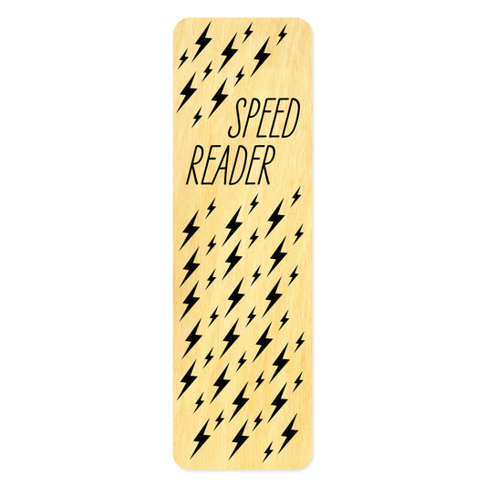 Wooden bookmark with black lightning bolt pattern and 'Speed Reader' text