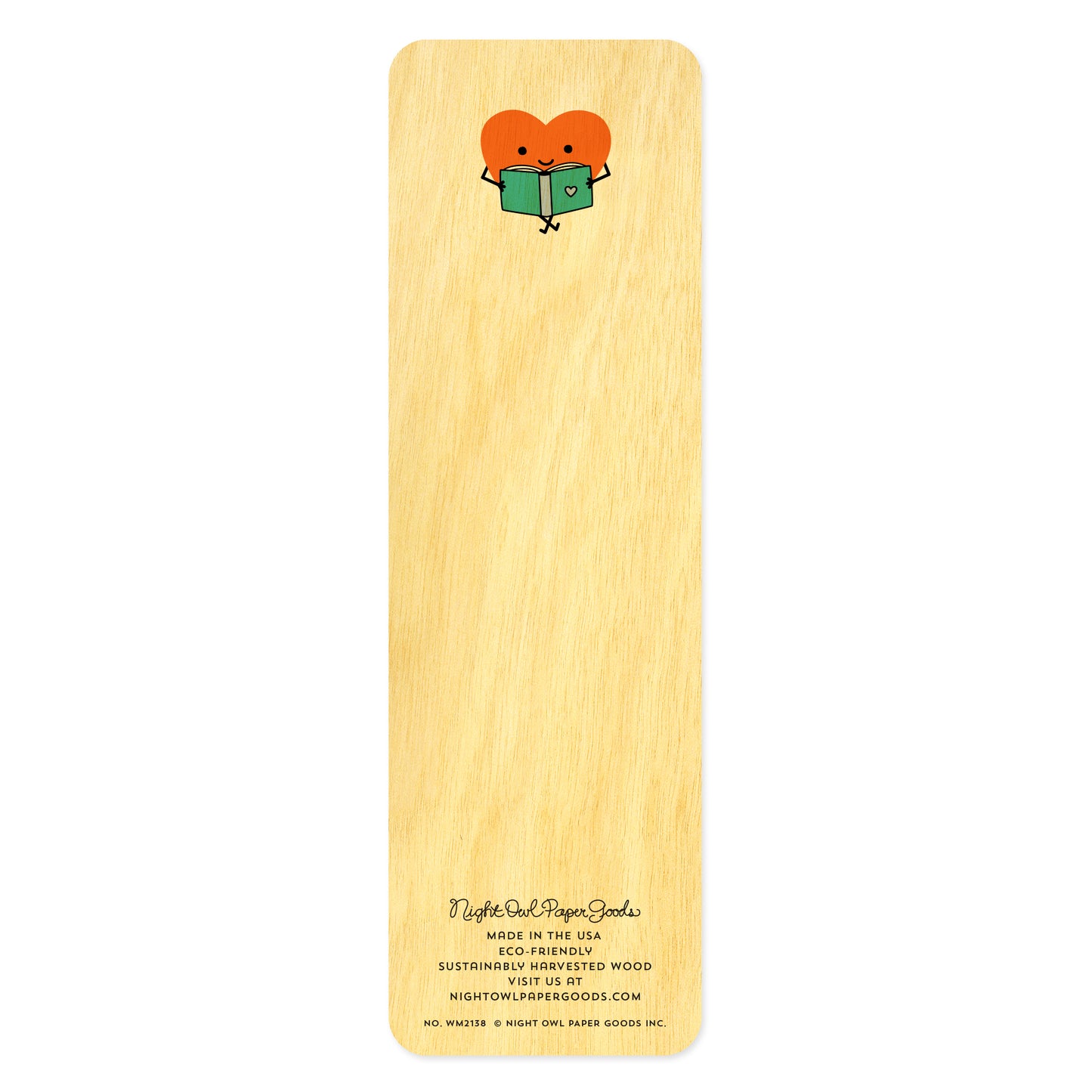 Back side of wooden bookmark with a heart-shaped character holding a book