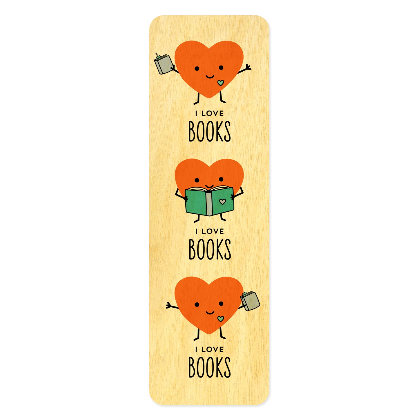 Wooden bookmark with heart-shaped characters holding books and 'I love books' text