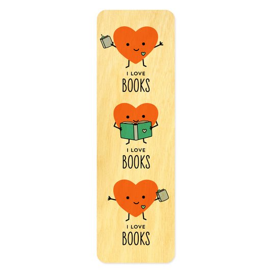 Wooden bookmark with heart-shaped characters holding books and 'I love books' text