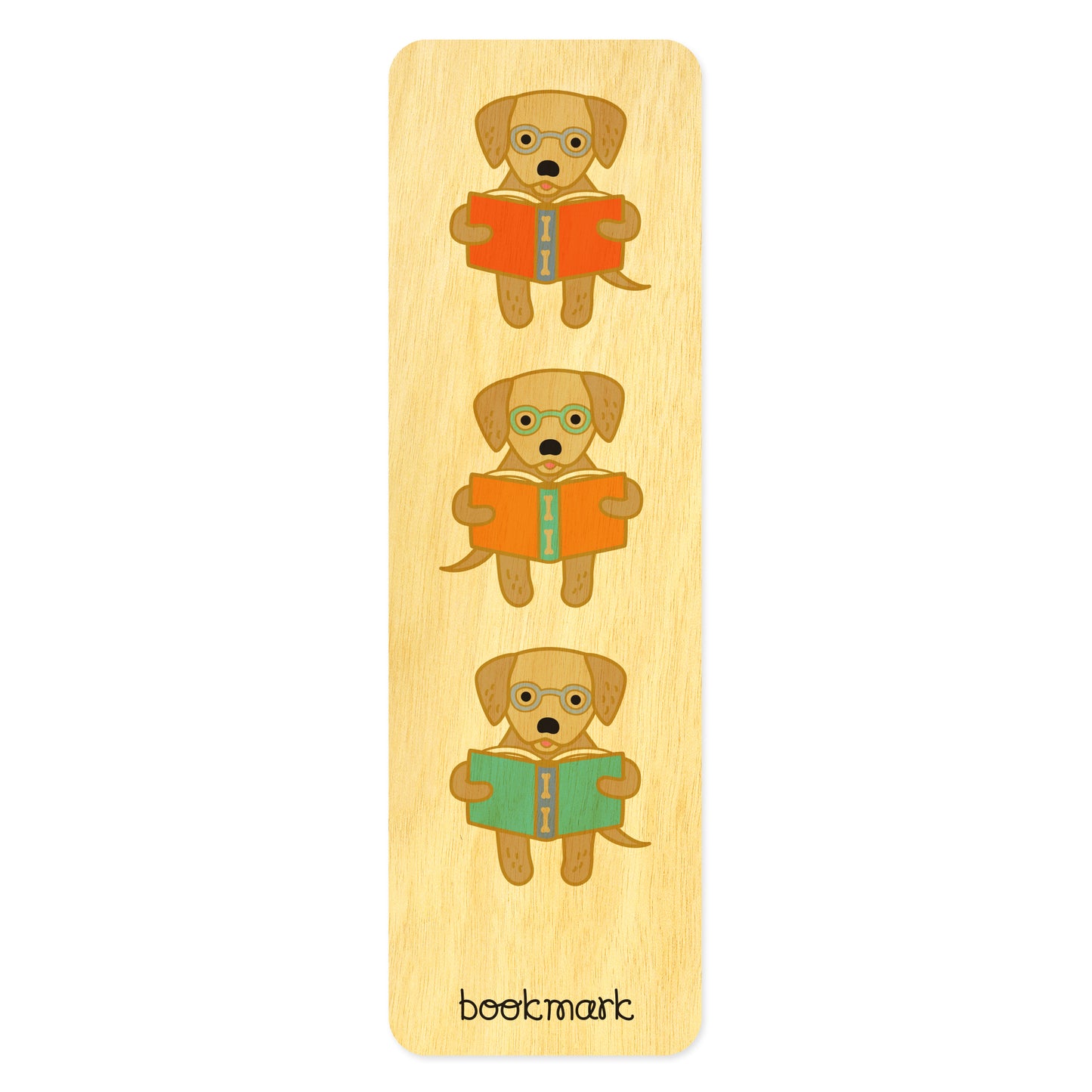 Wooden bookmark with illustrations of dogs wearing eyeglasses reading books 