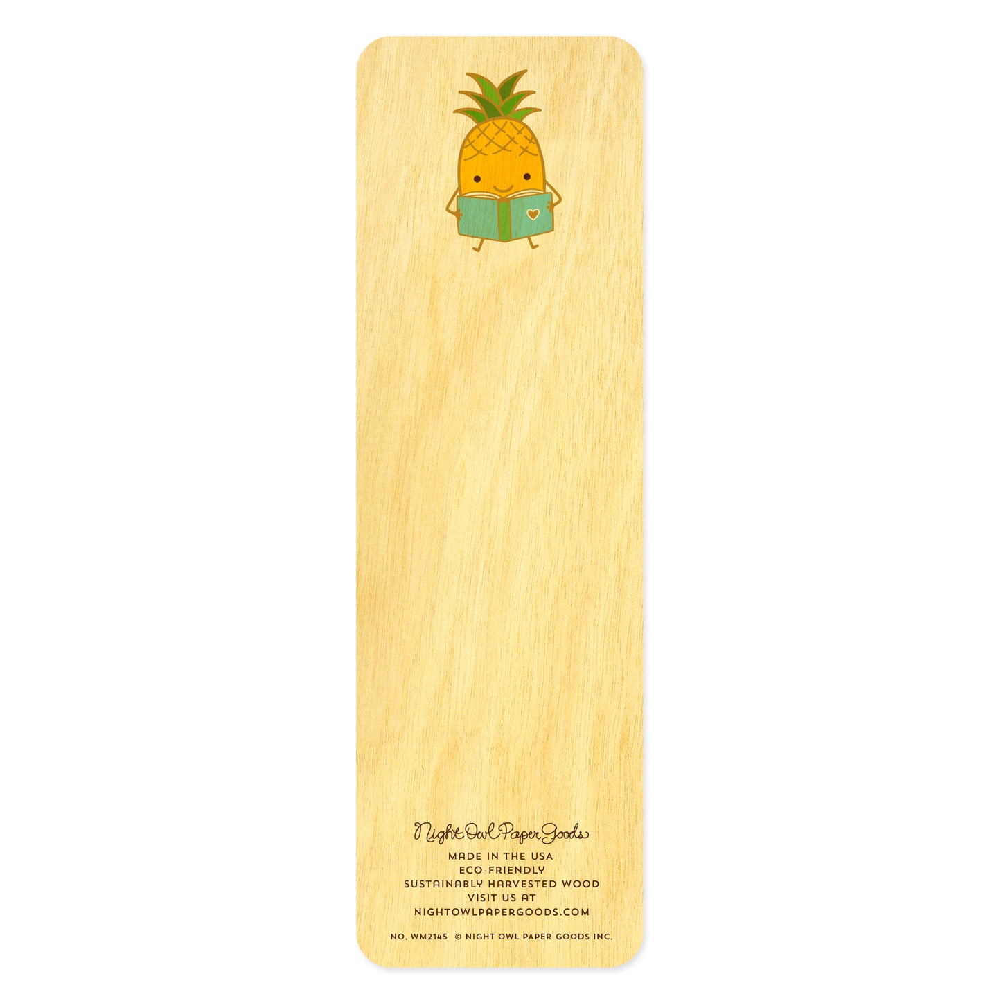 Back of wooden bookmark with a cute pineapple sitting down and reading a book 