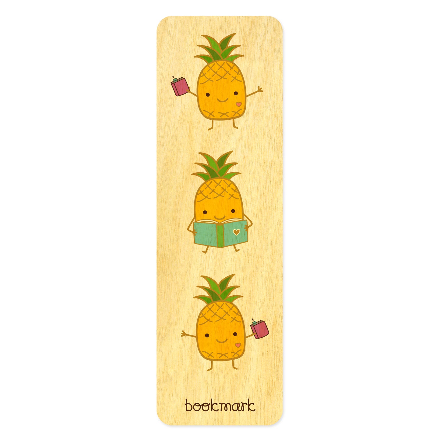 Wood bookmark with cute illustrations of a happy pineapple reading and holding books