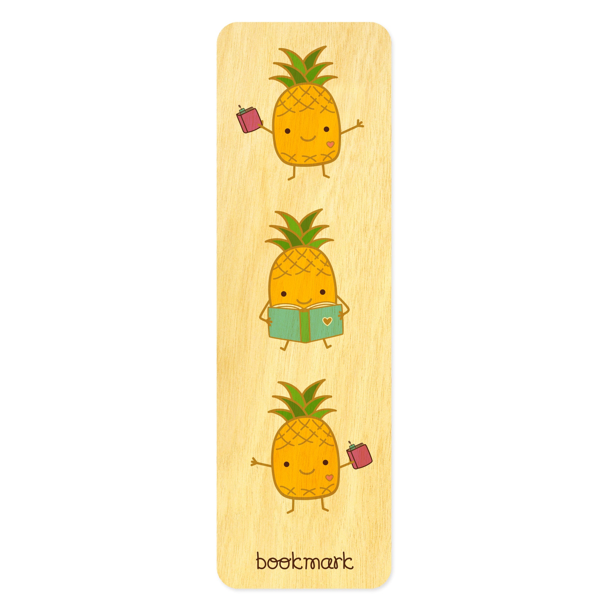 Wood bookmark with cute illustrations of a happy pineapple reading and holding books