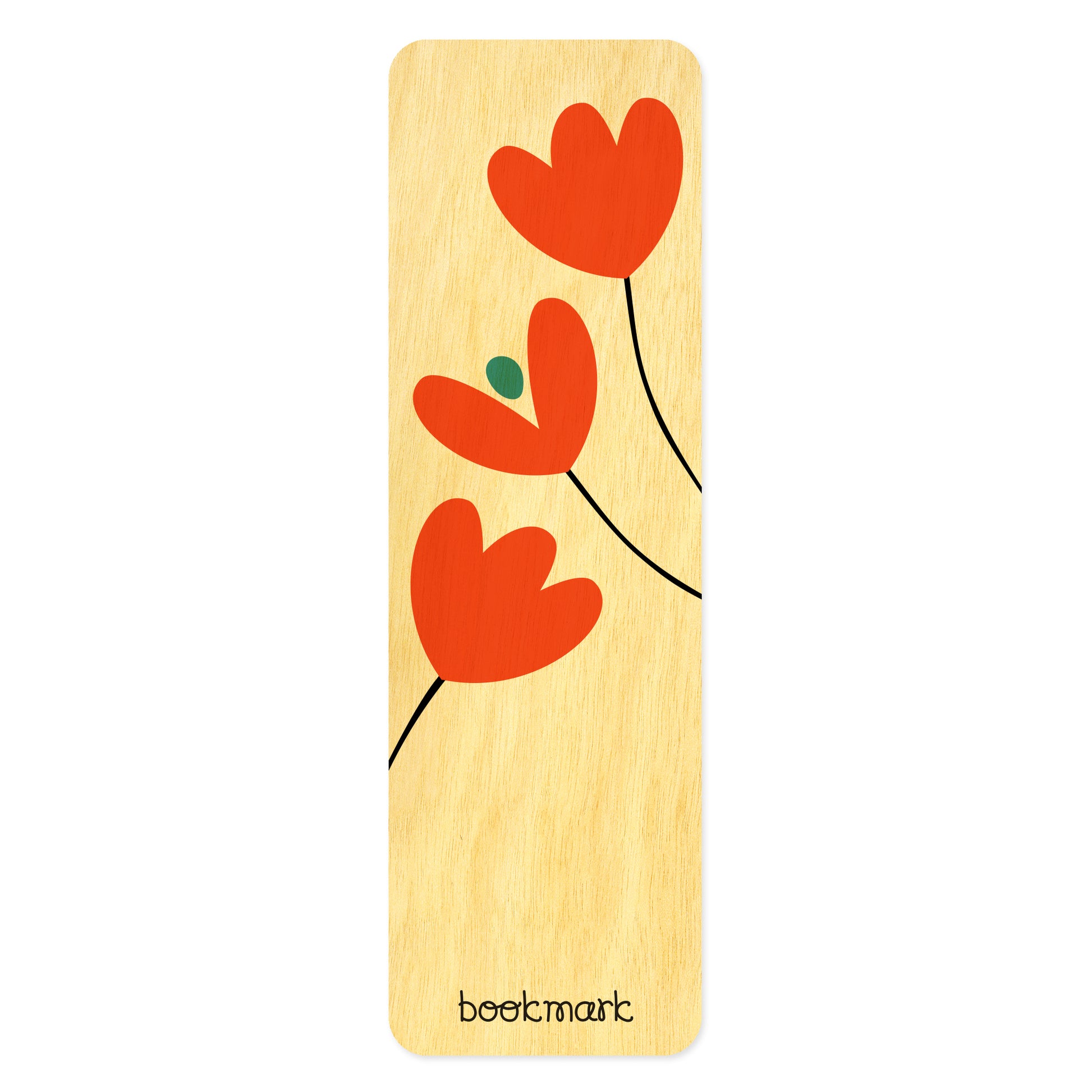 Wooden bookmark with red floral tulip design on a white background
