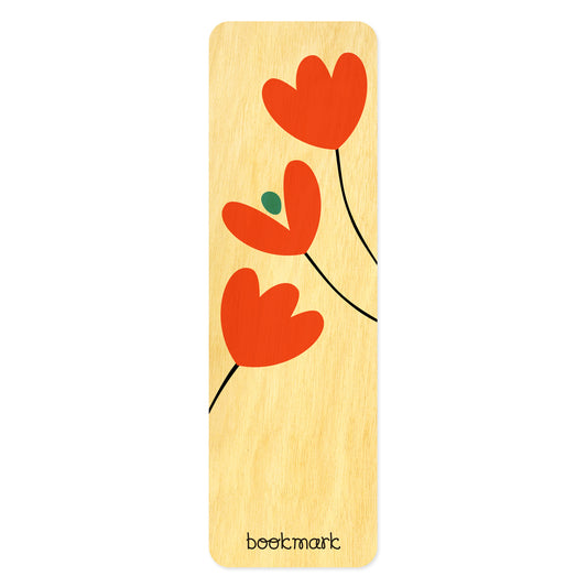 Wooden bookmark with red floral tulip design on a white background