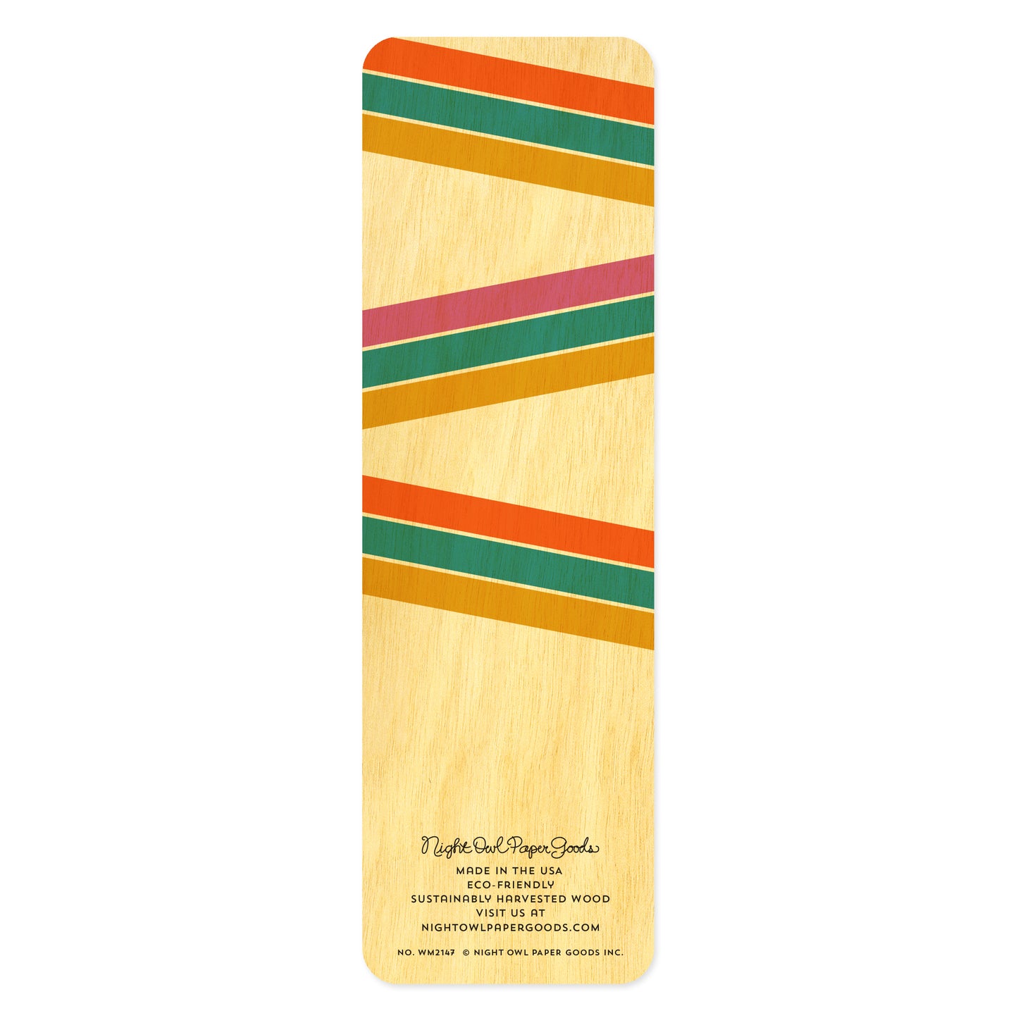 Back side of wooden bookmark with colorful striped pattern
