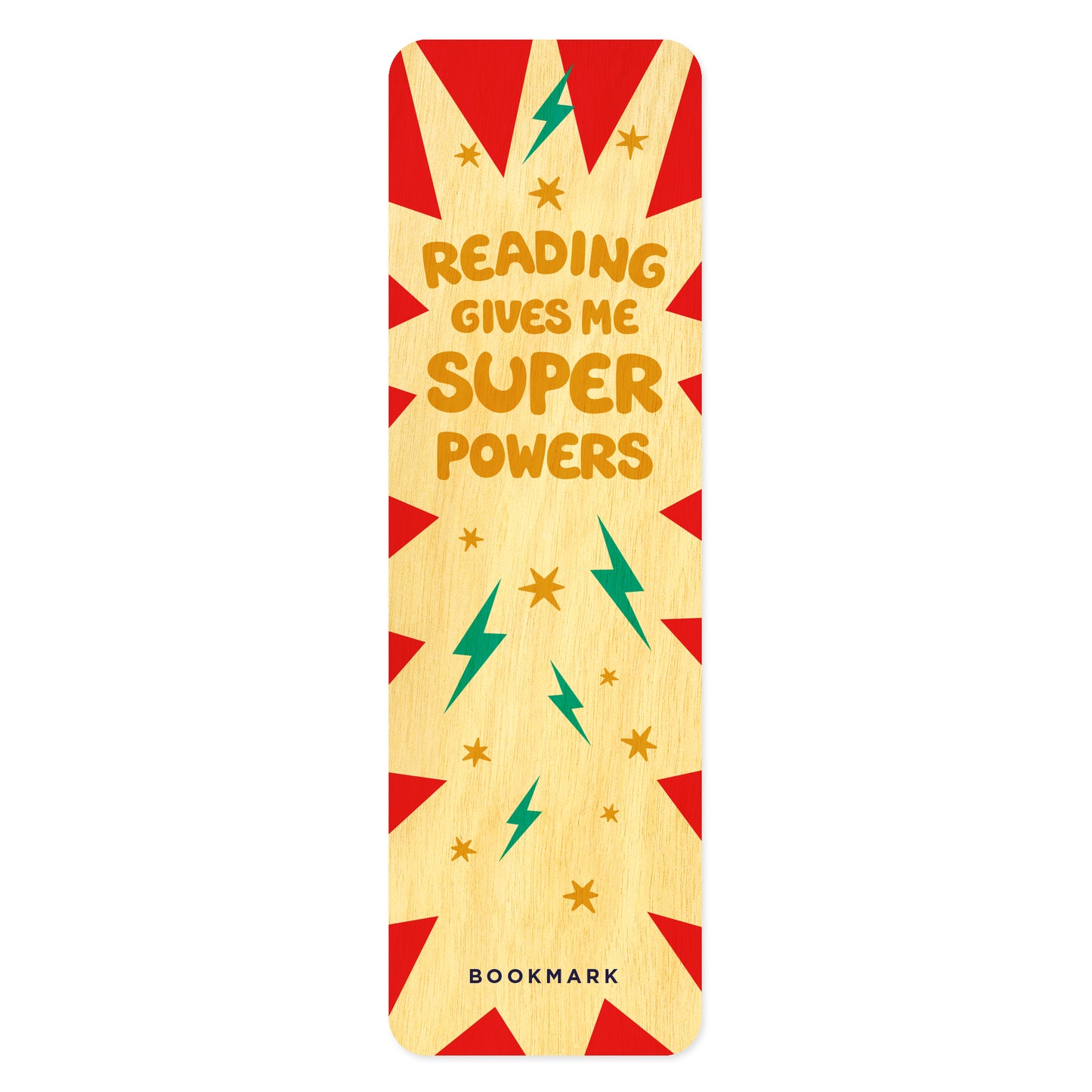 Wooden bookmark with superhero design and 'Reading gives me super powers' text