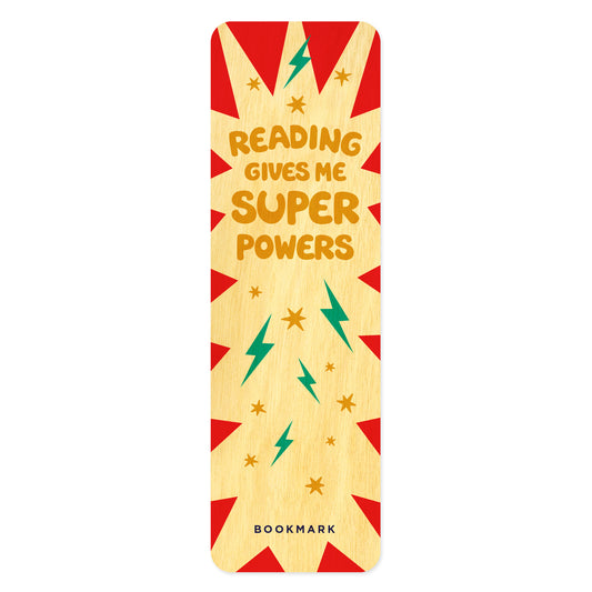 Wooden bookmark with superhero design and 'Reading gives me super powers' text