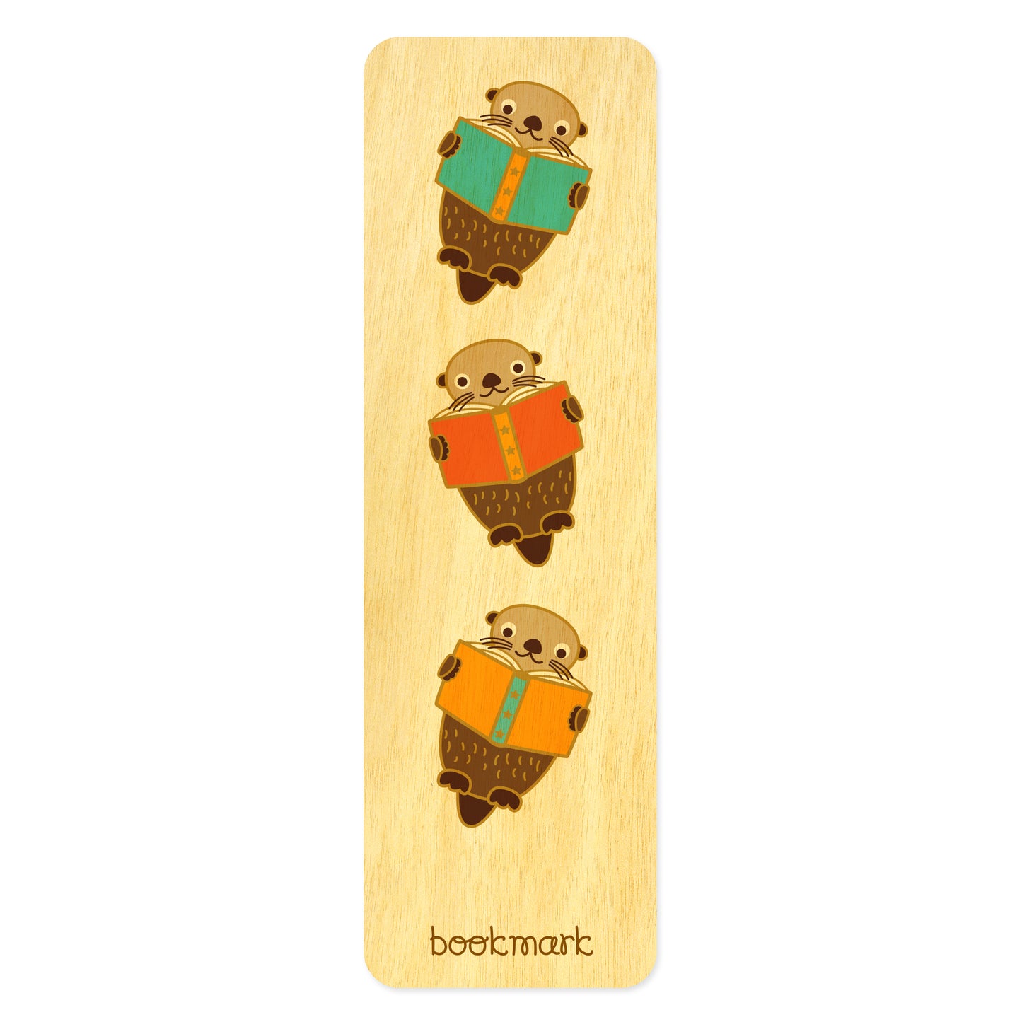 Wooden bookmark with cartoon otters reading colorful books 