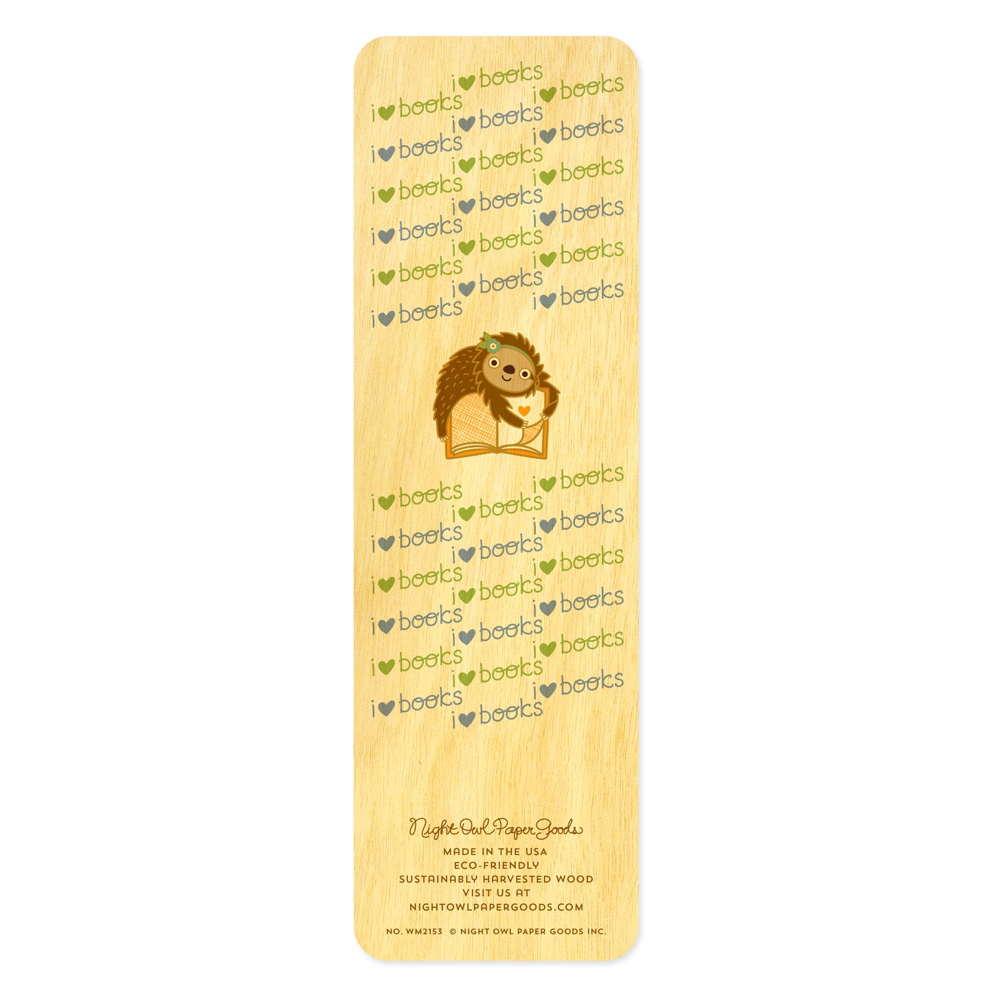 Back of wooden bookmark with cute sloth hugging a book and 'love books' text 