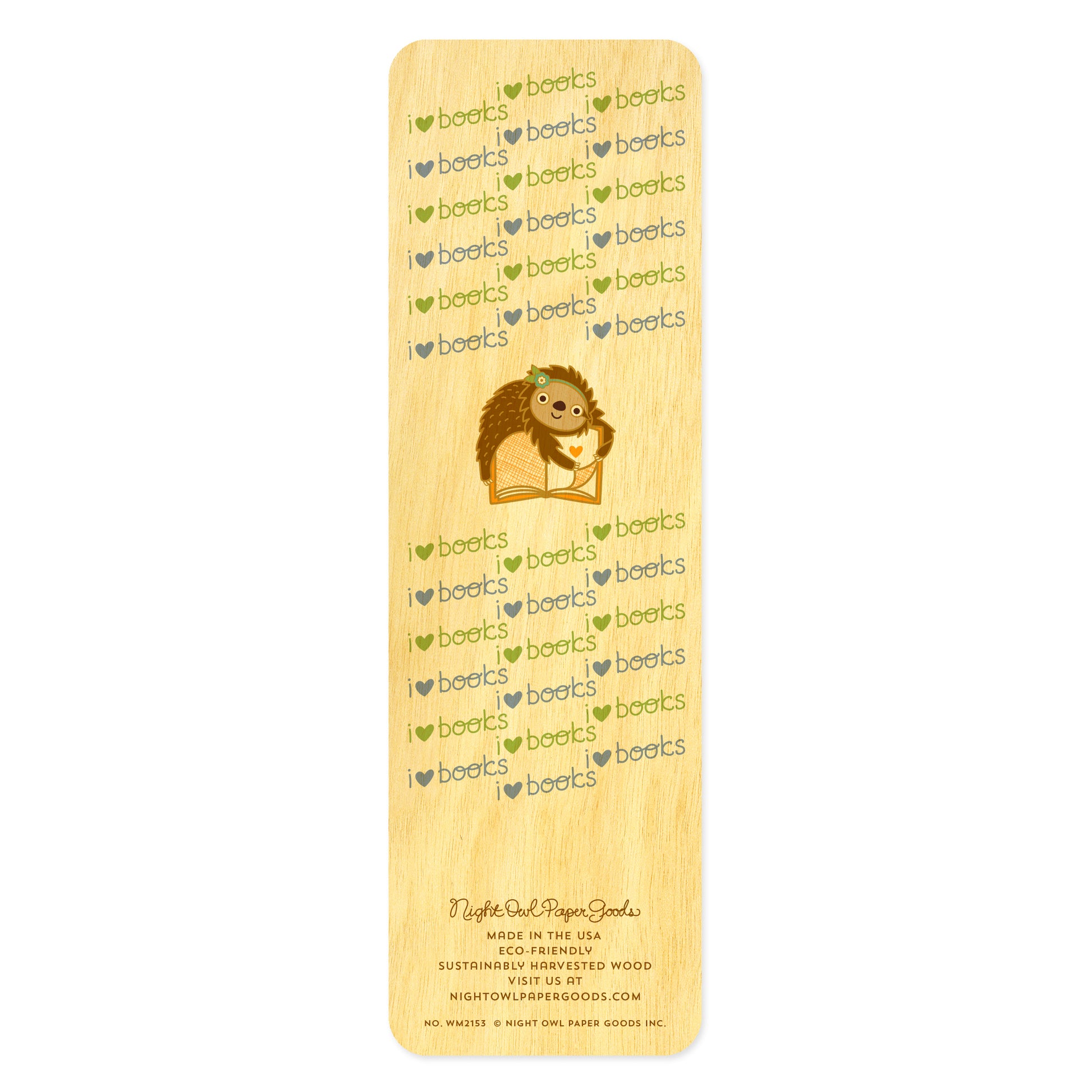 Back of wooden bookmark with cute sloth hugging a book and 'love books' text 
