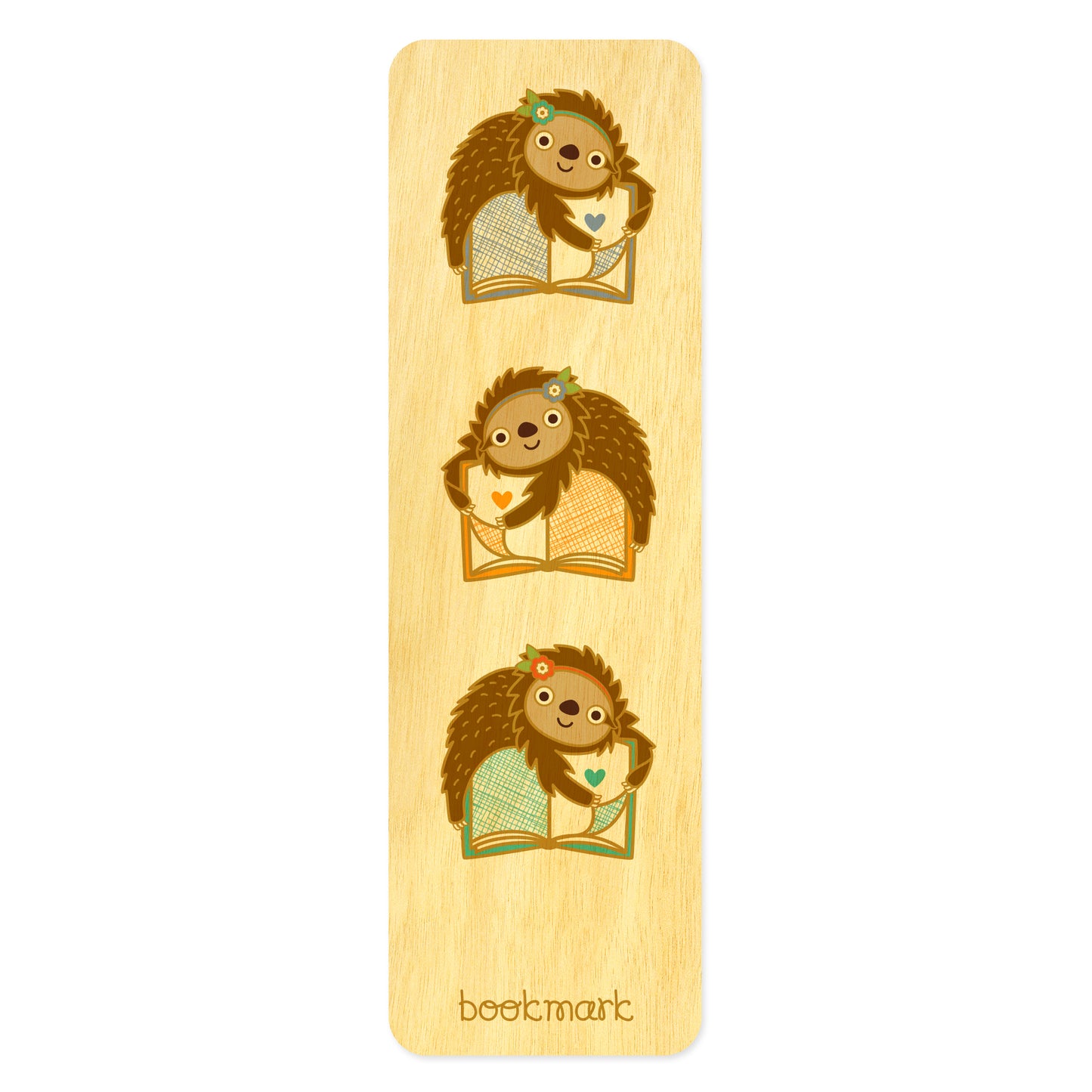 Wooden bookmark with three sloths hugging books 
