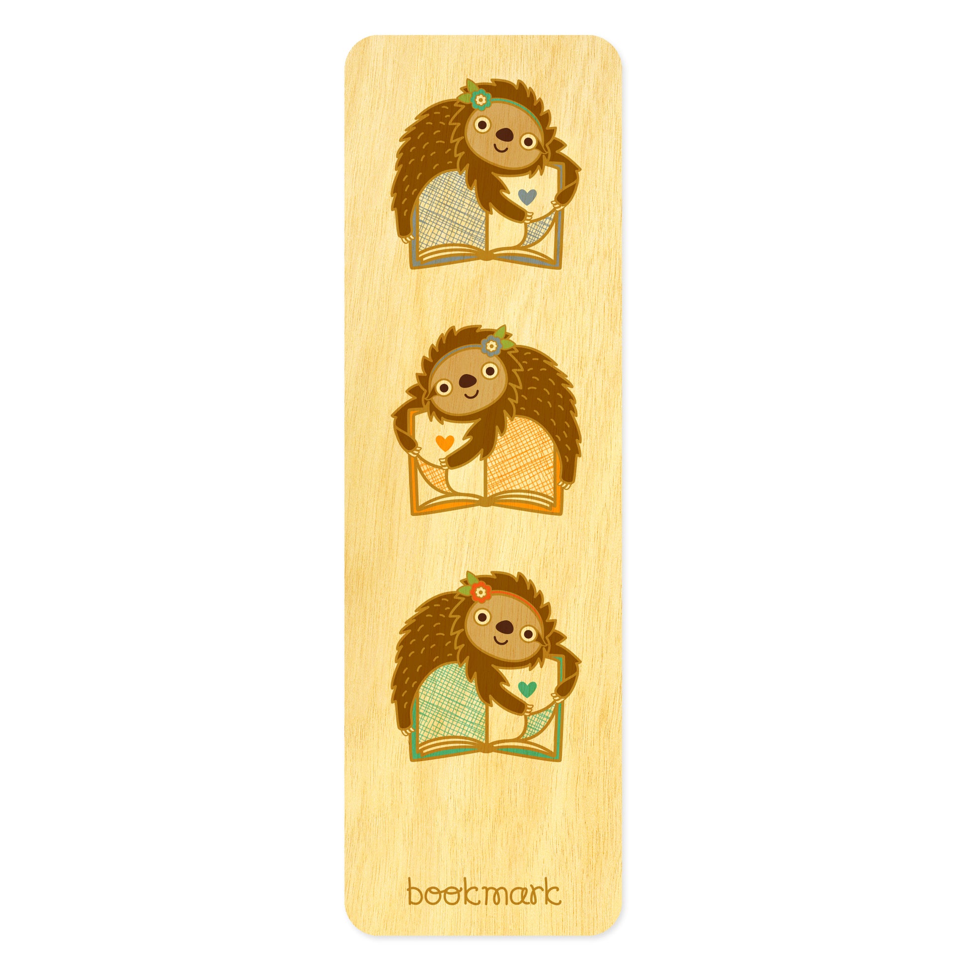 Wooden bookmark with three sloths hugging books 