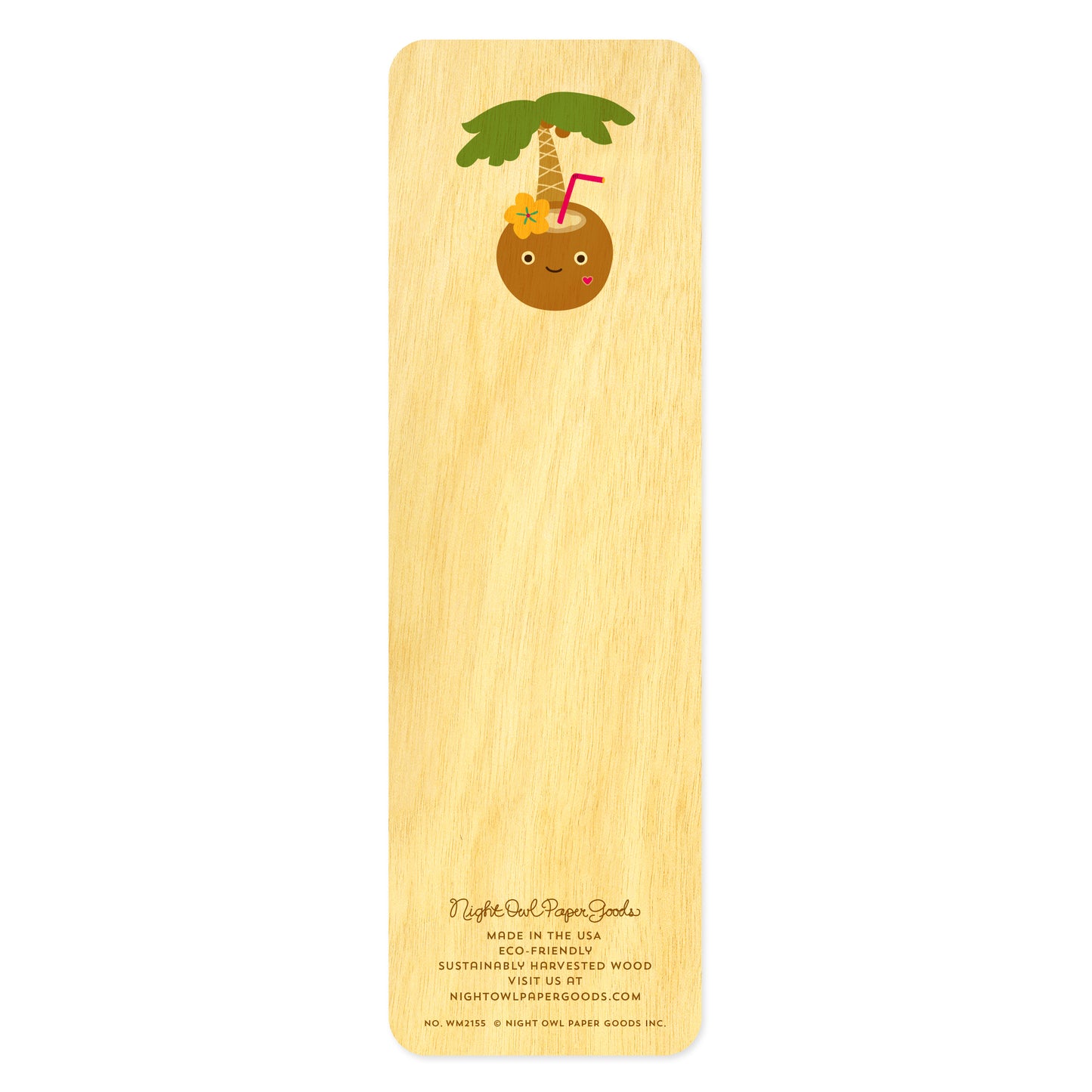 Back of wooden bookmark with a coconut character with a straw under a coconut tree