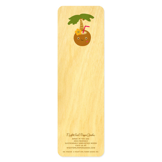 Back of wooden bookmark with a coconut character with a straw under a coconut tree