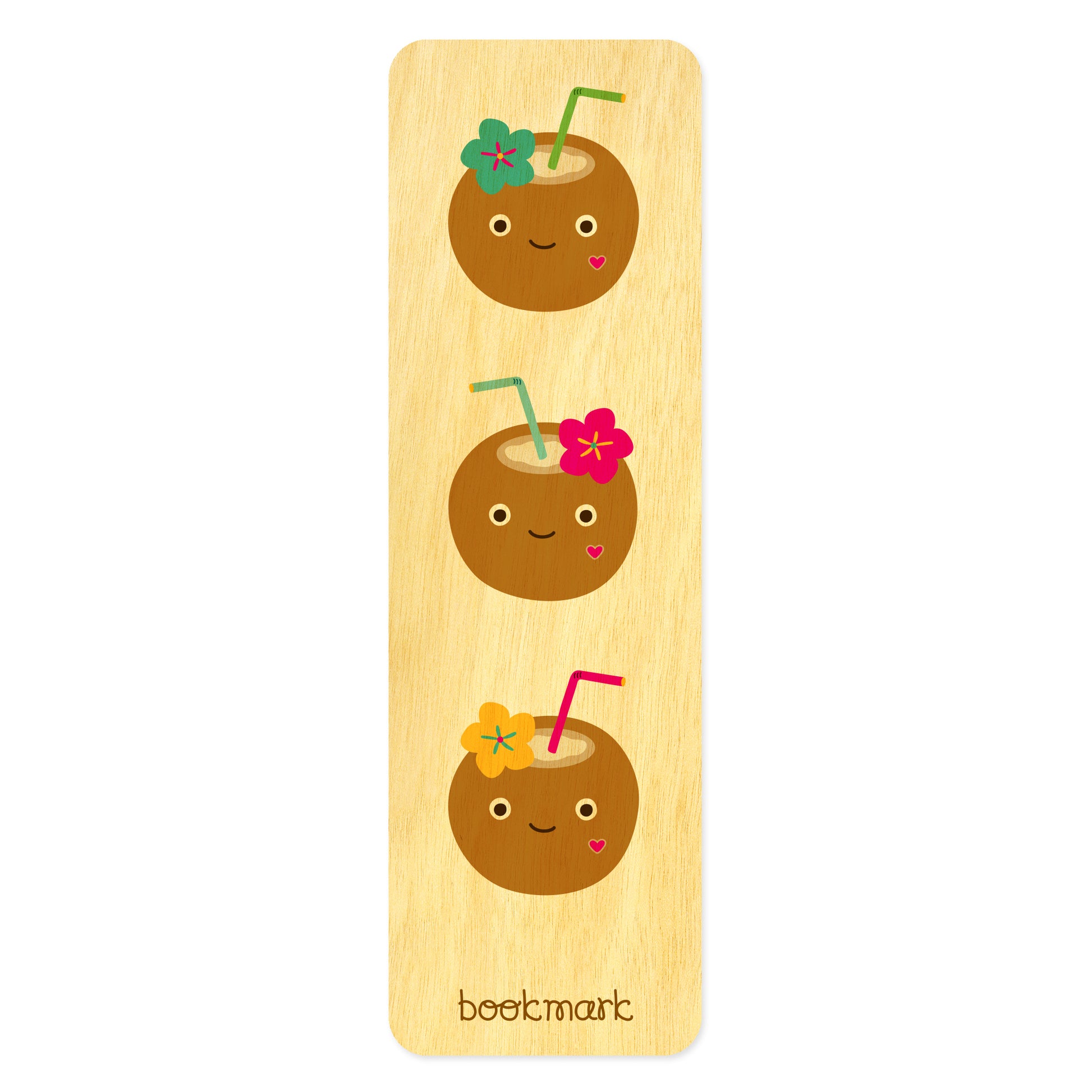 Wooden bookmark with three cartoon-style coconuts