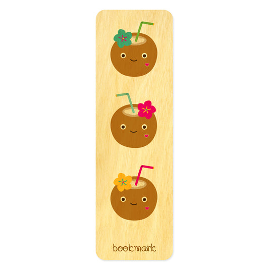 Wooden bookmark with three cartoon-style coconuts